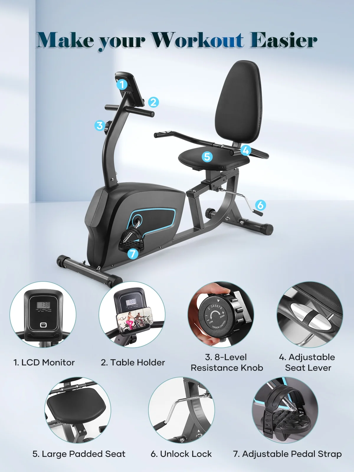 Exercise Bike Indoor Recumbent Exercise Bike Stationary with Adjustable Seat and 8 Resistance Level Seat Height Adjustment - Image 10