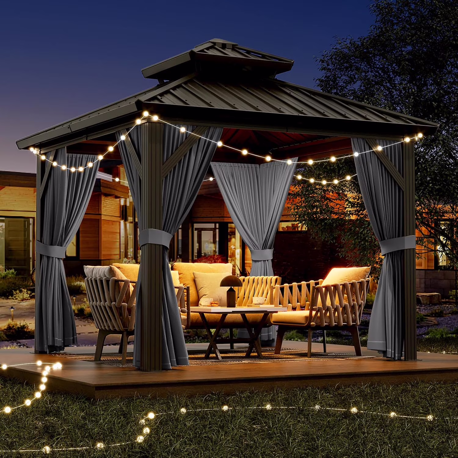Twister.CK 10x10ft Gazebo, Hardtop Double Roof Canopy with Netting and Curtains, Outdoor Galvanized Iron Aluminum Frame Garden Tent for Patio, Backyard, Deck, Lawns, Gray