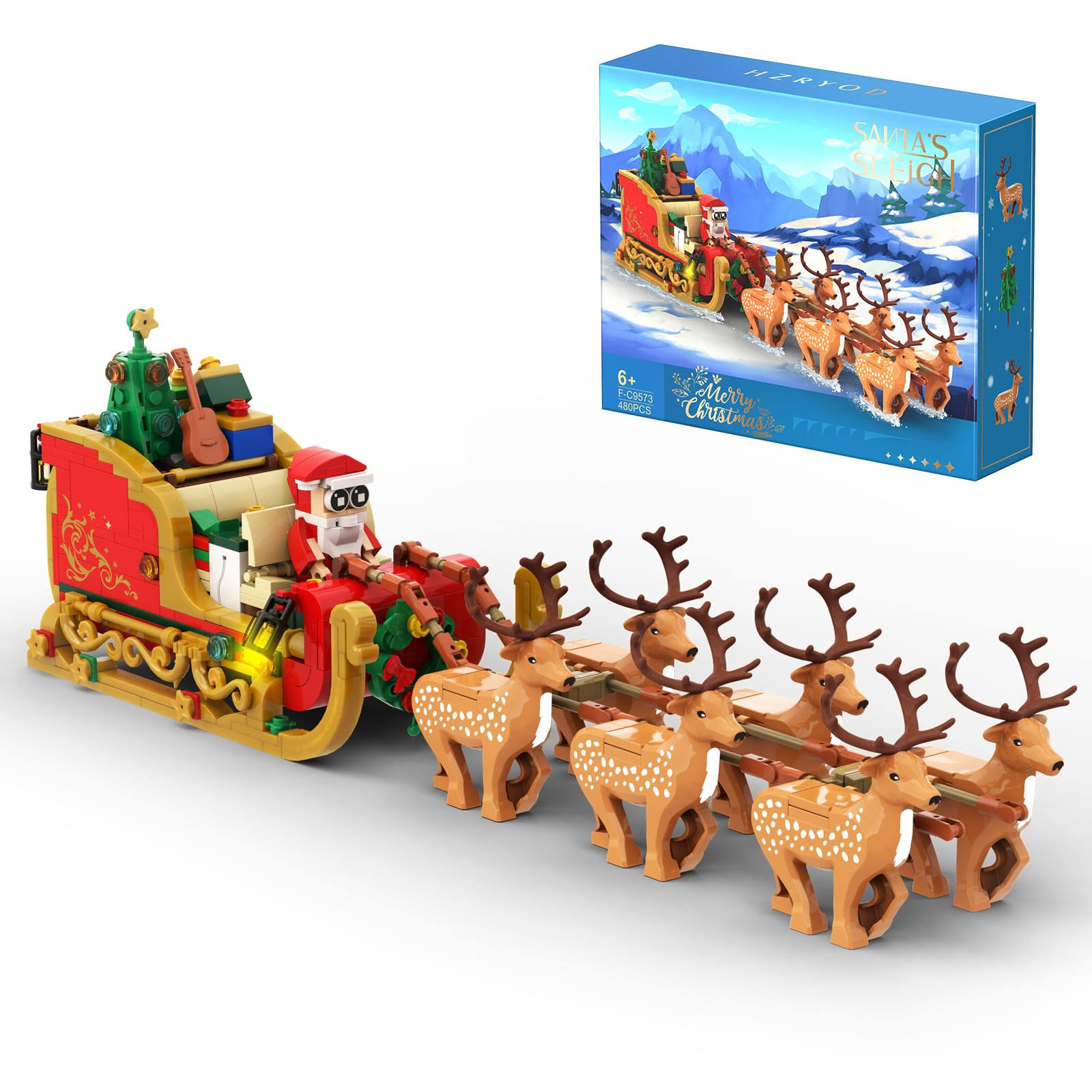 HzrYod Christmas Santa's Sleigh Building Kit, Santa Claus and Reindeer Building Sets with LED Light, Xmas Decoration Action Figures Building Bricks