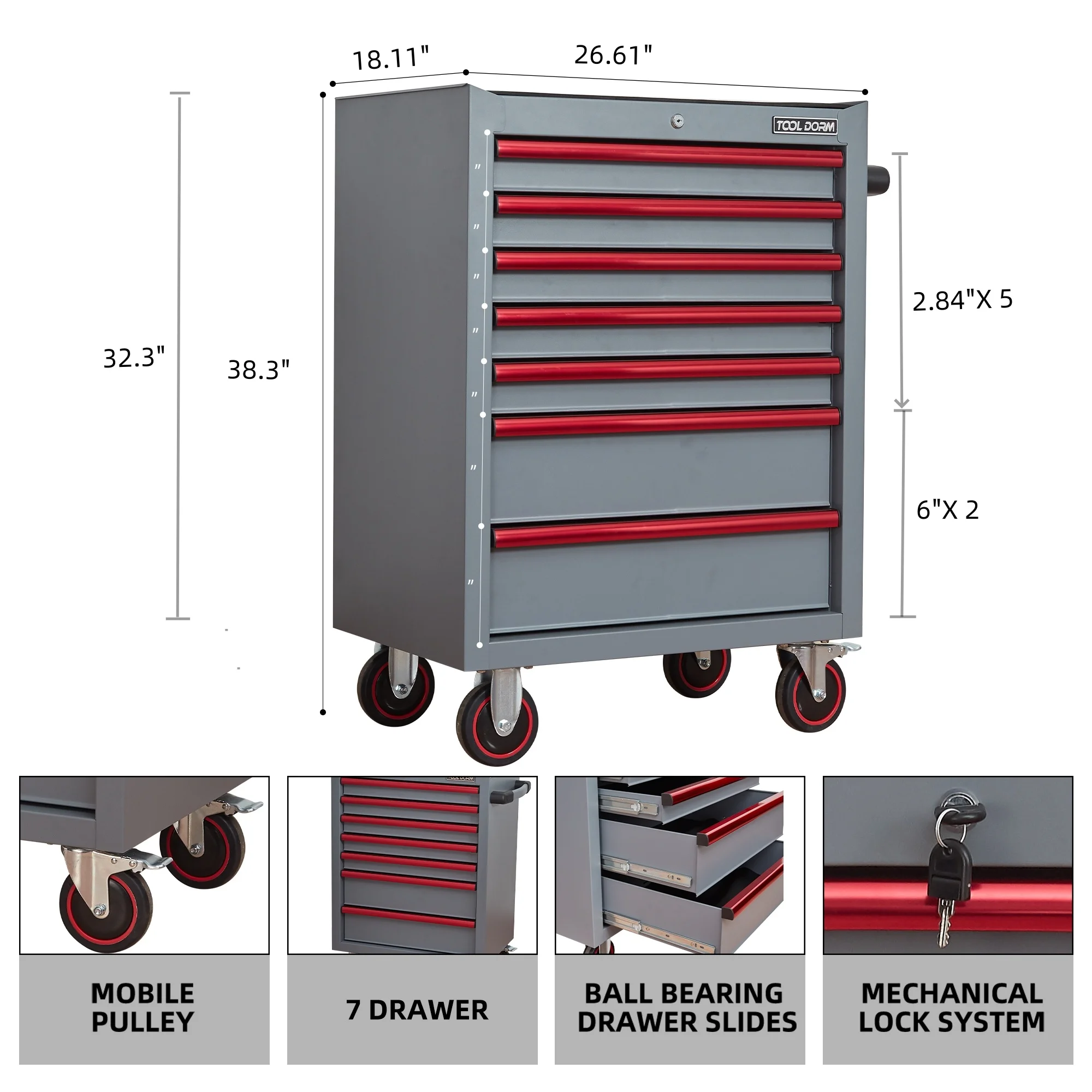 26.7inch Tool Cabinets Rolling Toolbox with 7 Drawers, Metal Tool Chest with Wheels, Gray Color, Tool Cart for Garage, Warehouse, Repair Shop, Workshop - Image 3