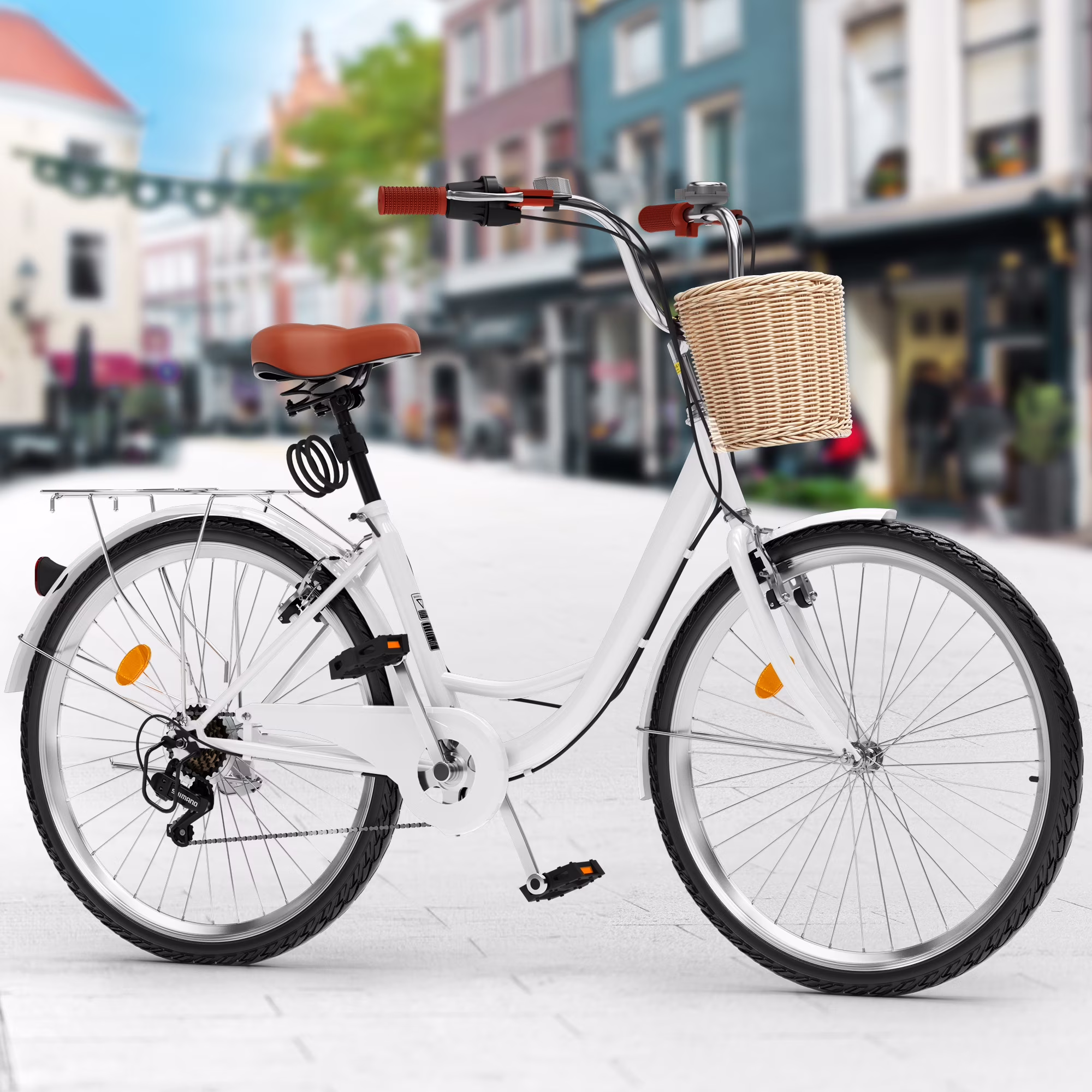 26 Inch Beach Cruiser Bike for Women 7 Speed Commute Bike for Adults Womens Bicycle with Adjustable Seat in White(White)