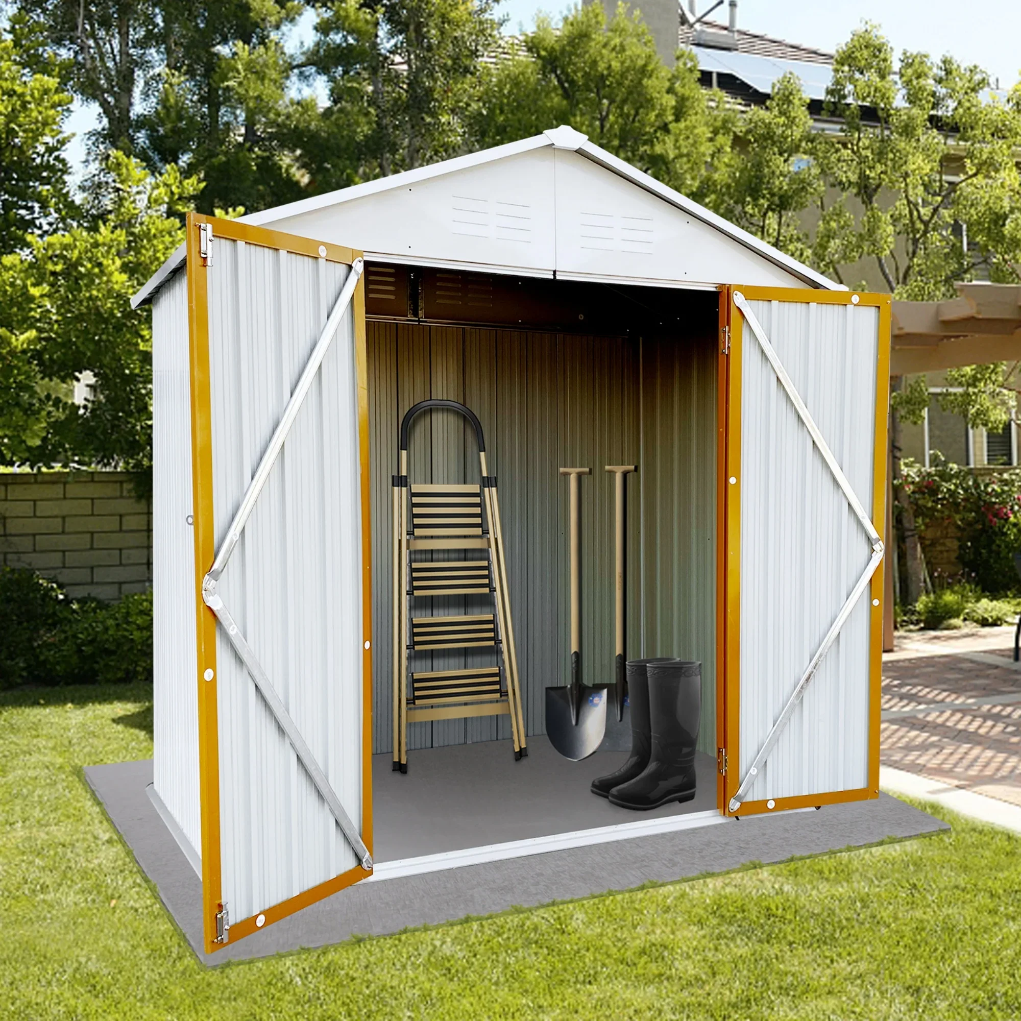 5��4 FT Outdoor Storage shed, Metal Shed with Sloping Roof and Lockable Door, Tool Shed for Bike, Toys, Backyard, Garden, Patio, White