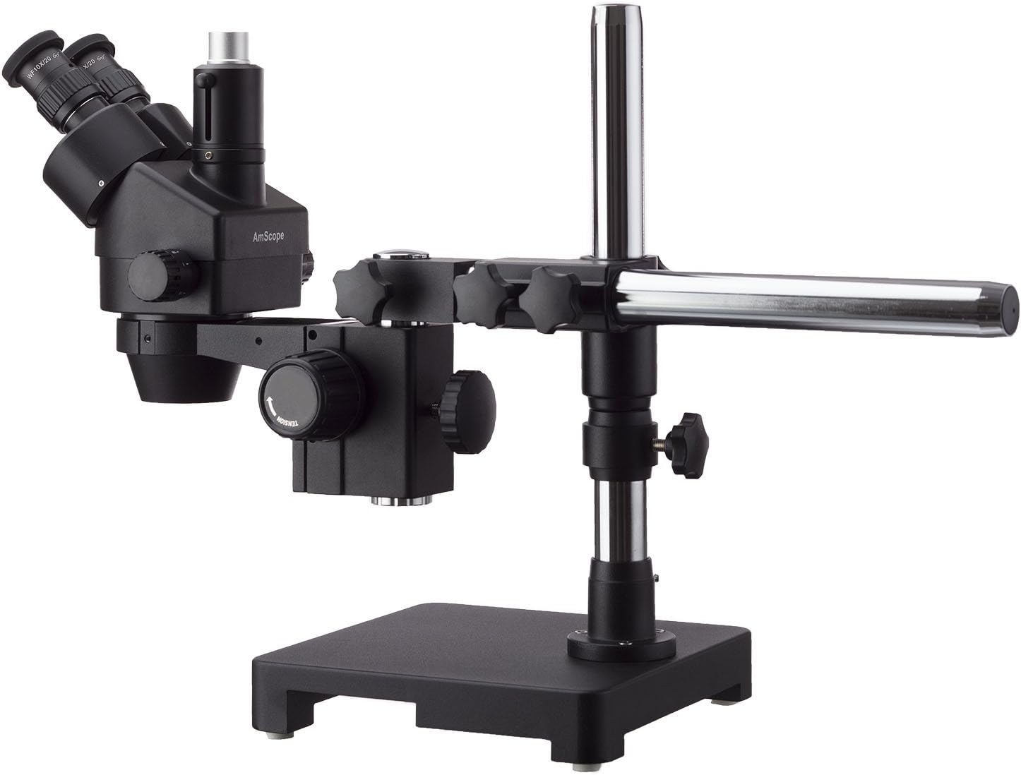 AmScope 7X-90X Black Trinocular Stereo Zoom Microscope on Single Arm Boom Stand + 144 LED Compact Ring-Light with 10MP USB3.0 Camera