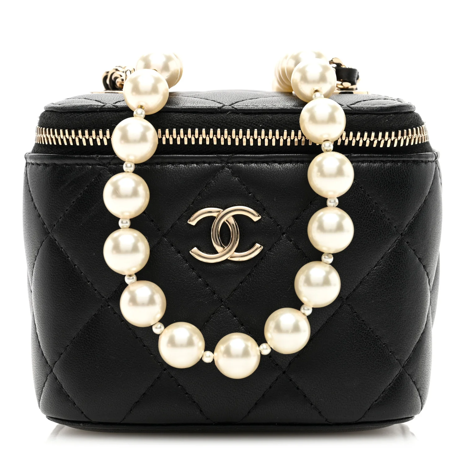 Lambskin Quilted Mini Vanity Case With Pearl Chain Black
