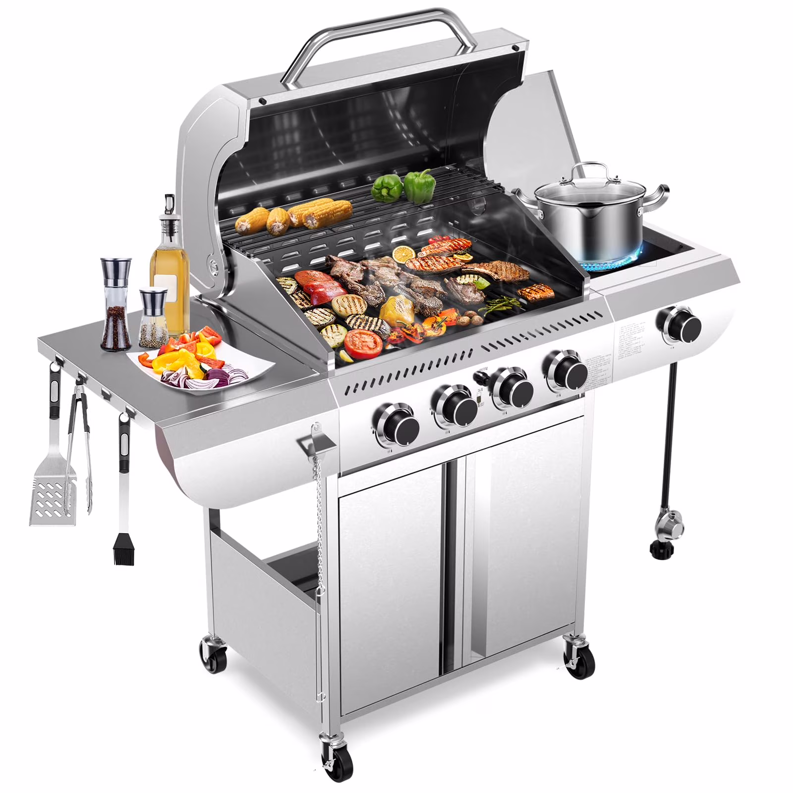 Stainless Steel 4 Burner Propane Gas Grill with Side Burner, Portable Outdoor Barbecue Grill, 45,000 BTU(5)