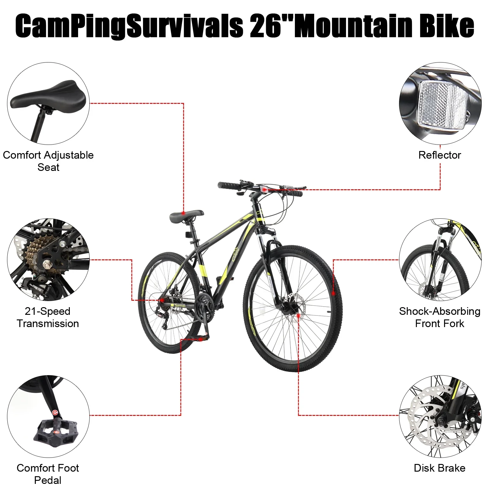 Campingsurvivals 26in 21-Speed Mountain Bike, High Carbon Steel Frame Adult Bikes,Black Yellow
