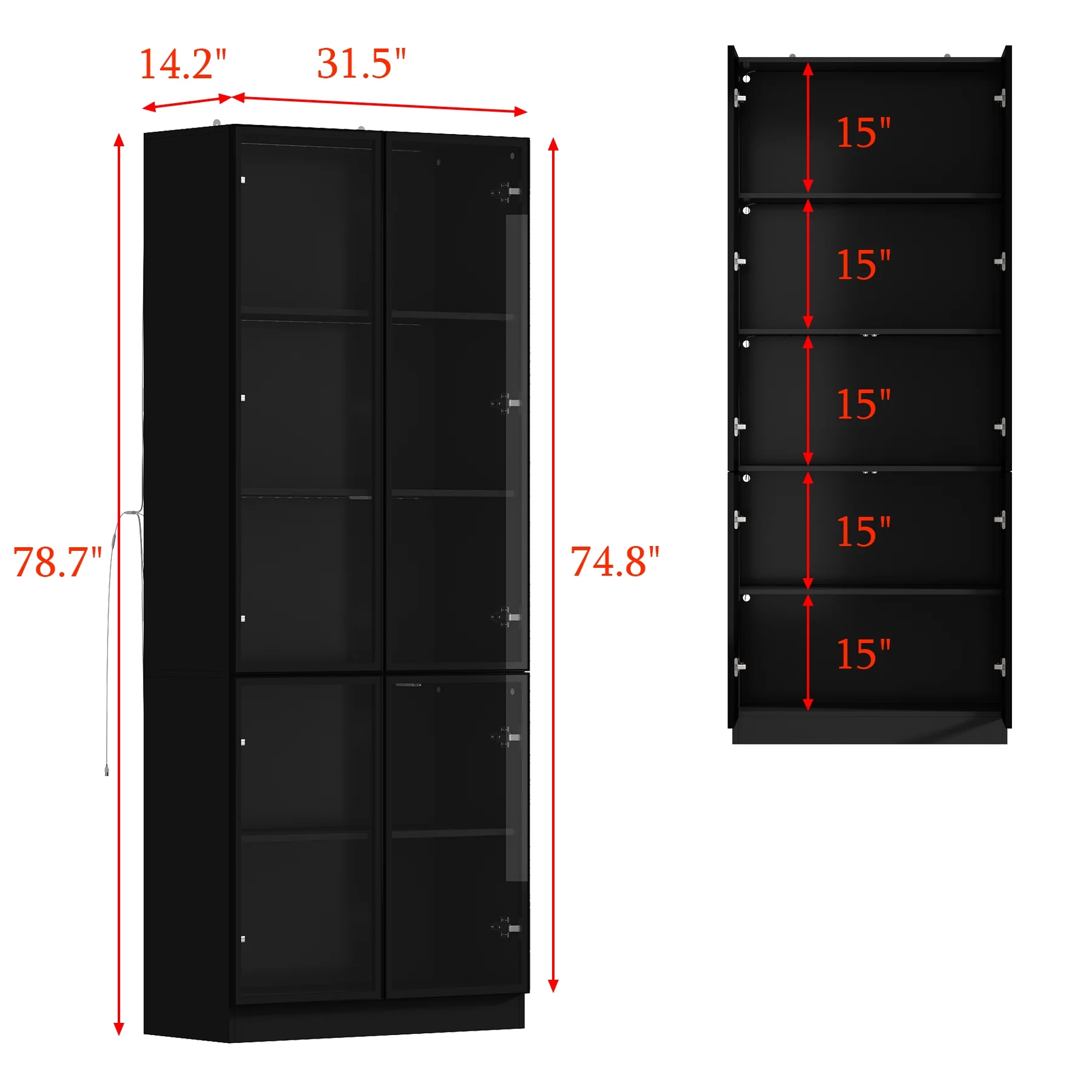 Bookcases Organizer with LED Lights, Heavy Duty Display Cabinet with Glass Door for Living Room, 31.5" Wide(31.5 in, 5-Tier) - Image 9