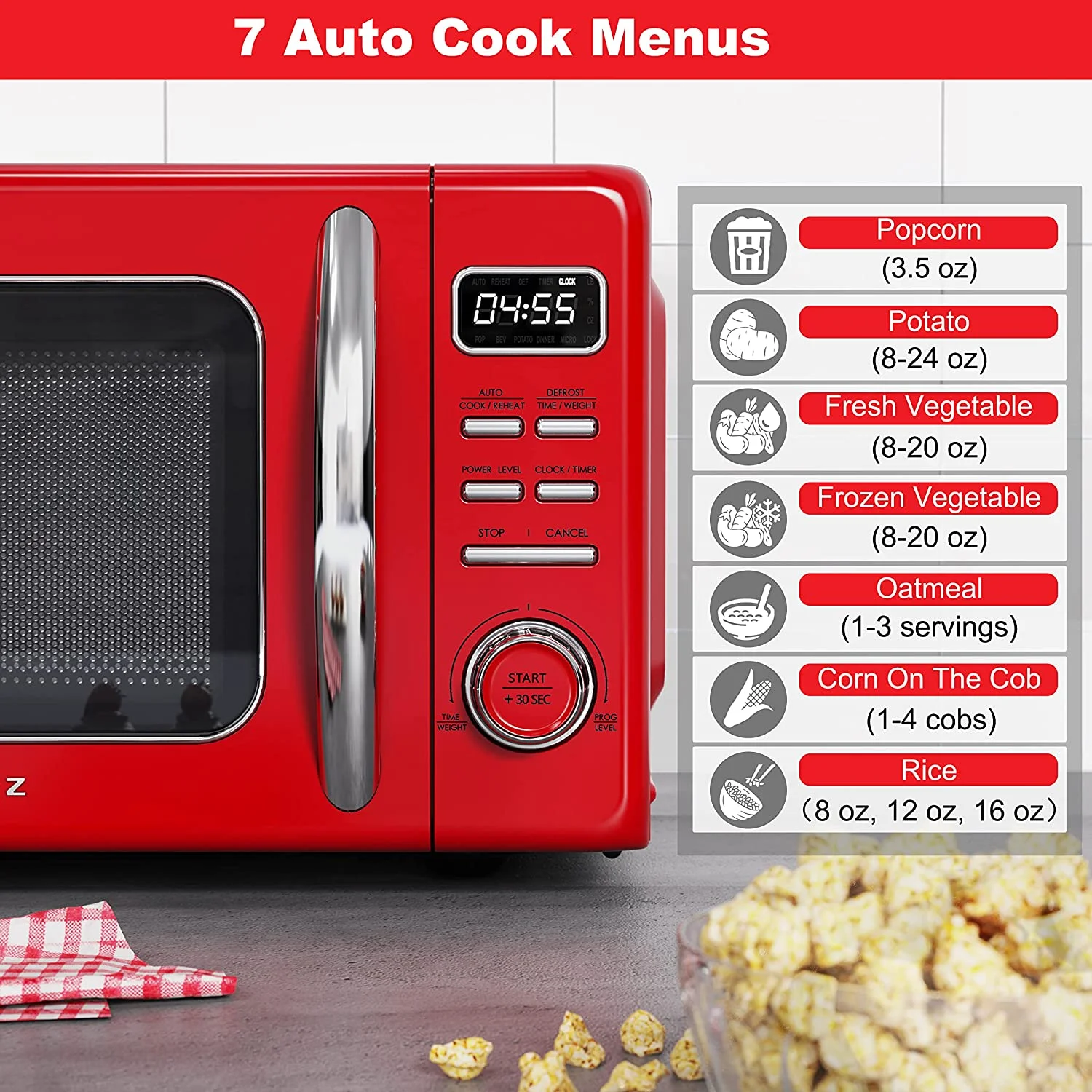 Galanz GLCMKZ09RDR09 Retro Countertop Microwave Oven with Auto Cook & Reheat, Defrost, Quick Start Functions, Easy Clean with Glass Turntable, Pull Handle, 0.9 cu ft, Red