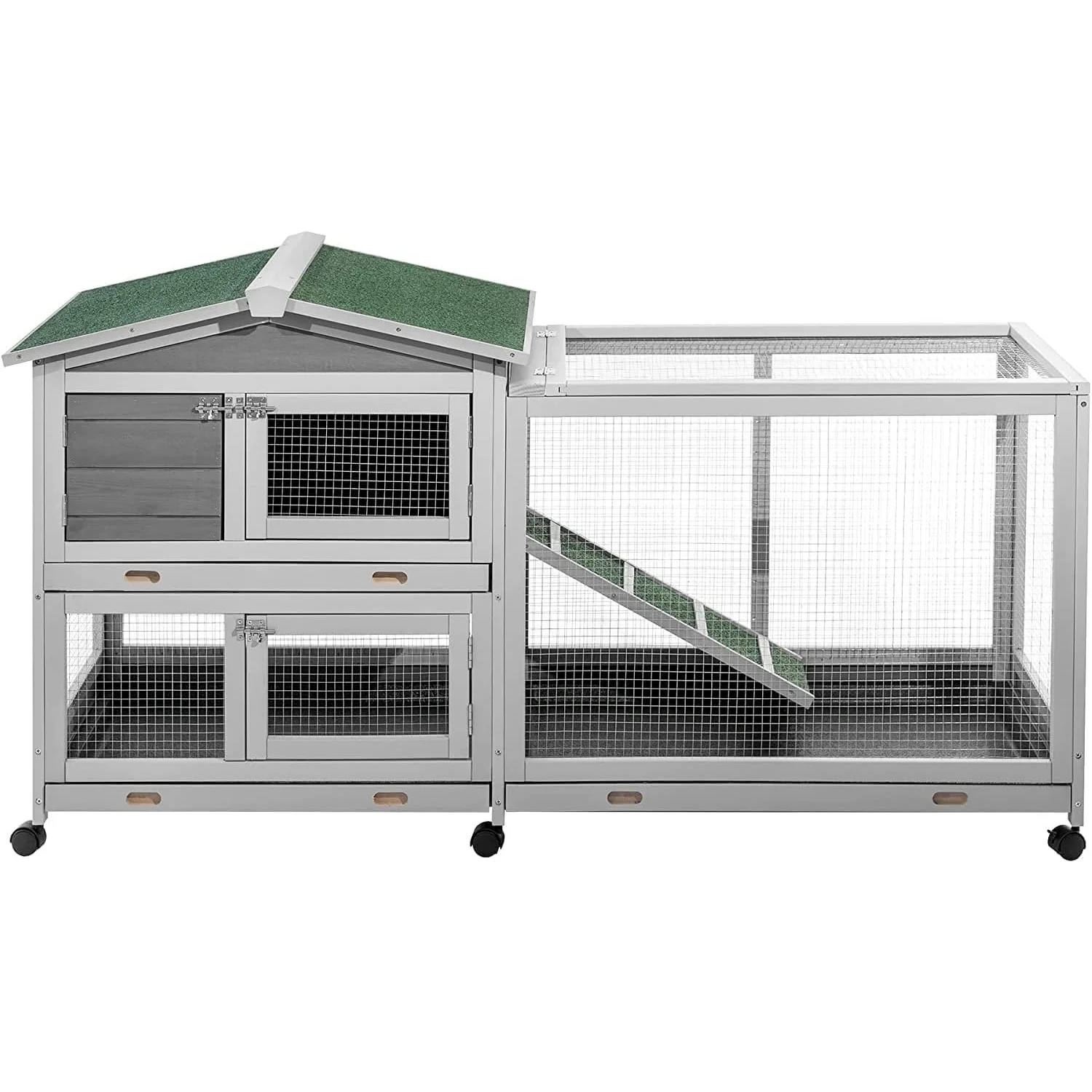 AECOJOY 2 Story Rabbit Hutch Outdoor, 62'' Bunny Cage Indoor with 6 Wheels