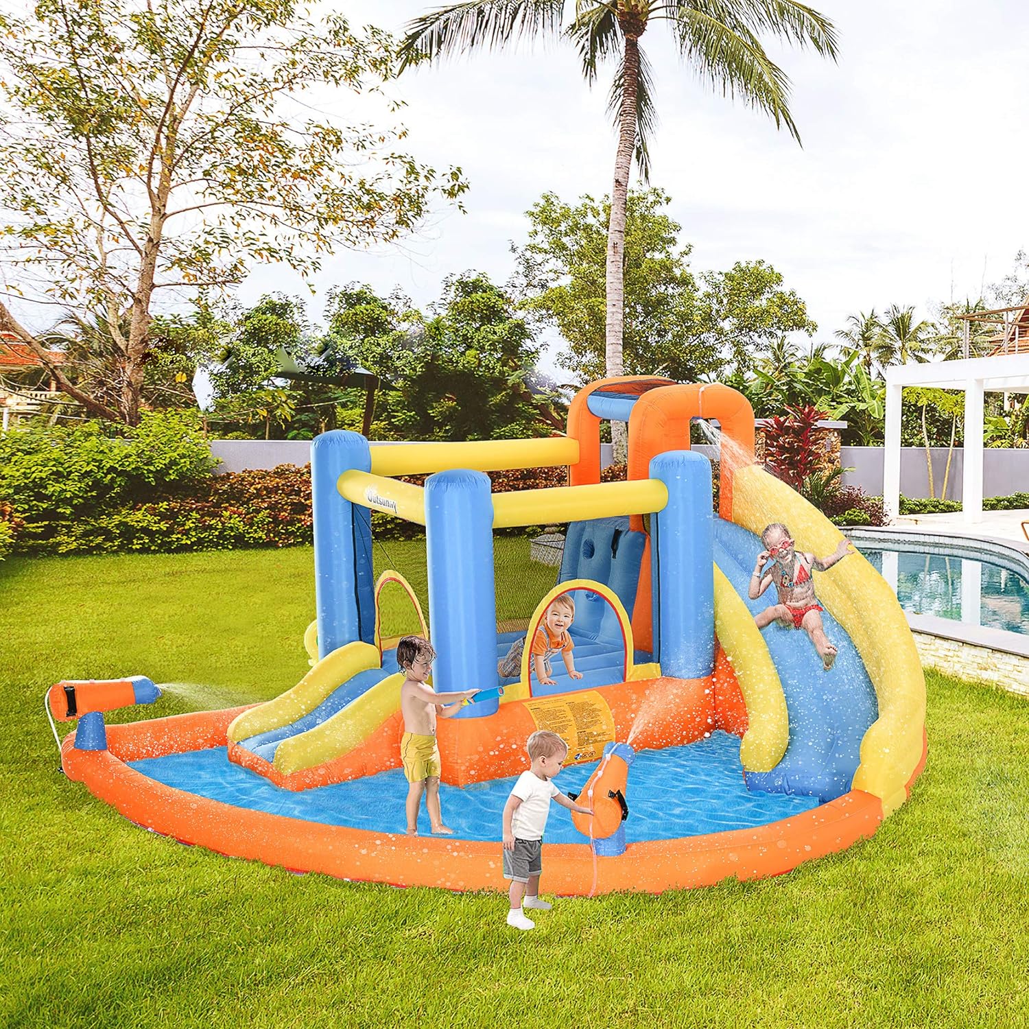 Château gonflable aquatique 5 en 1 pour enfants avec piscine, toboggan, murs d'escalade et 2 canons à eau, souffleur d'air 450 W