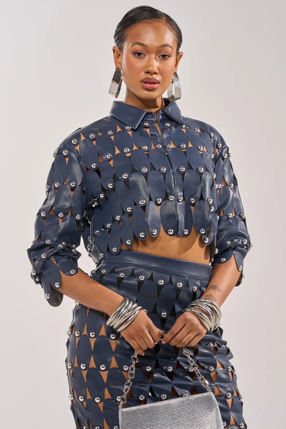 THE SNEAK PEEK STUDDED PU CROP CARDIGAN IN NAVY - Akira Store