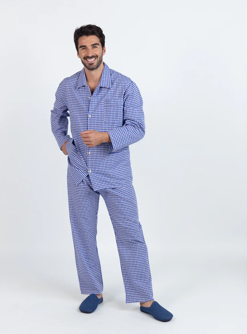 Pyjama homme en coton carreaux bleus