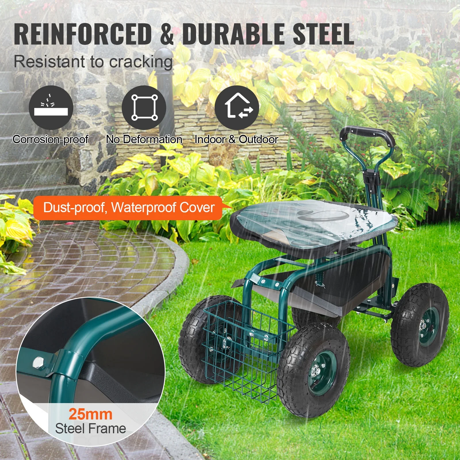 Garden Cart Rolling Workseat with Wheels, Gardening Stool for Planting, 360 Degree Swivel Seat, Wagon Scooter with Steering Handle Utility Tool Tray, Use for Patio, Yard, and Outdoors(Green) - Image 6