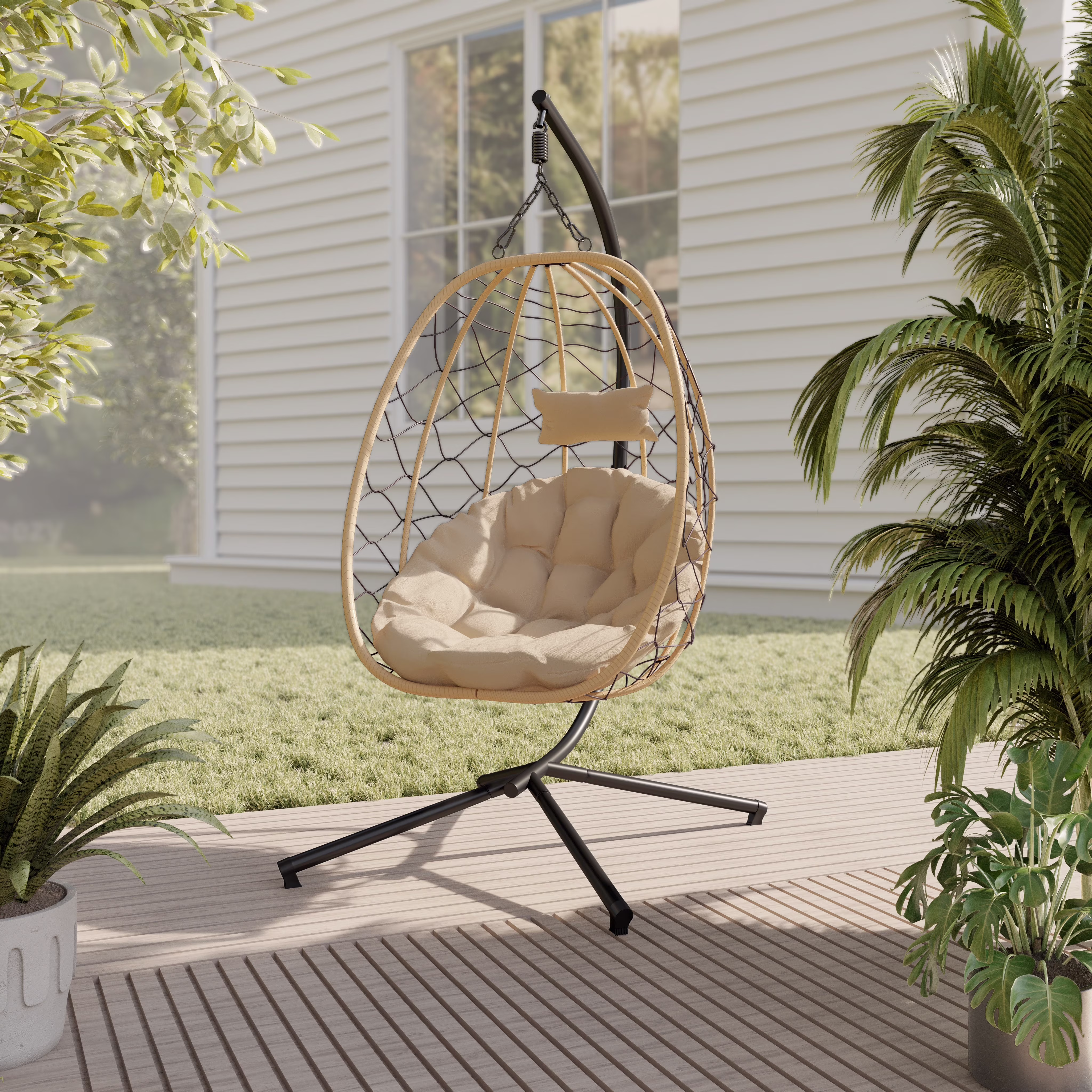 Single Person Egg Swing Chair Powder-Coated Iron Stand in Black and Steel Chains with Removable Cushions Summit Collection in Charcoal(Charcoal) - Image 7