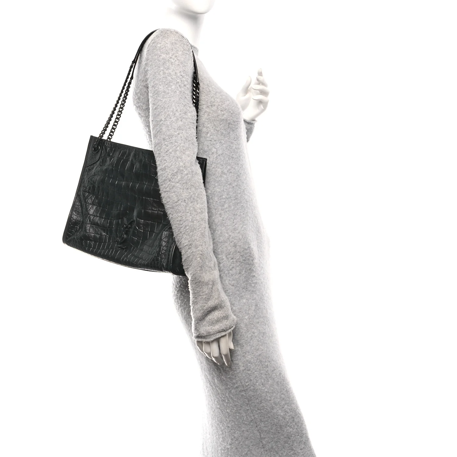 Calfskin Crocodile Embossed Monogram Medium Niki Shopping Bag Black
