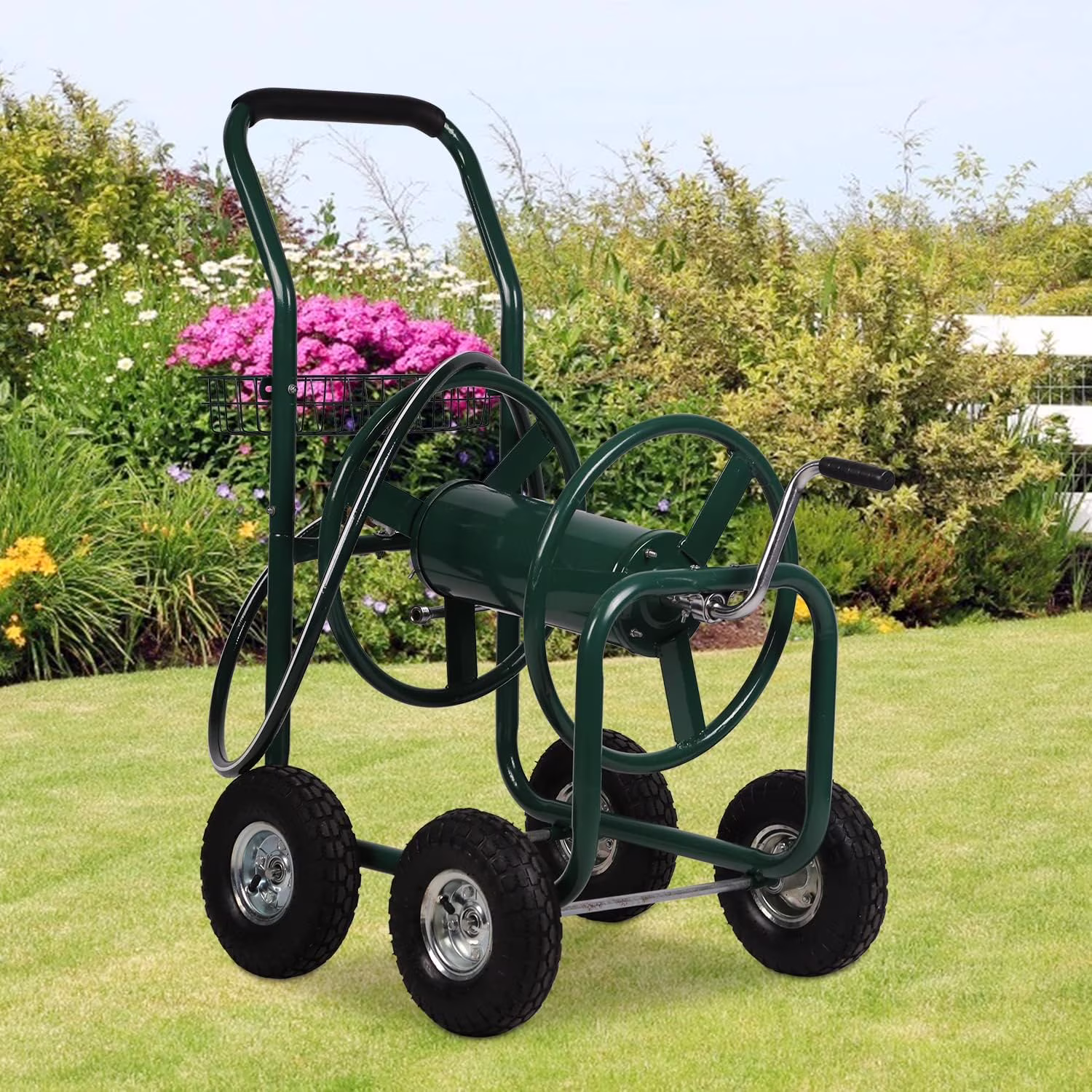 Dkelincs Garden Hose Reel Cart with Wheels 300 Ft of 5/8 in��6Ft Steel Portable Water Hose Reel with Storage Basket, Green