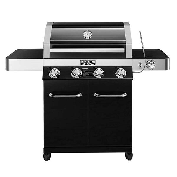 4-Burner Propane Gas Grill in Black with ClearView Lid. LED Controls. Side Burner and USB Light