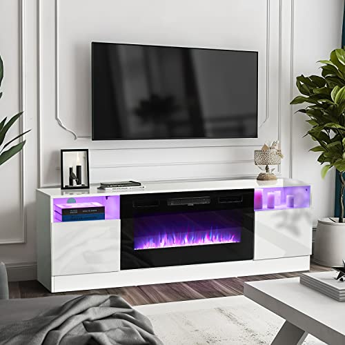Meuble TV avec cheminée électrique Oneinmil de 91 cm (36 pouces), éclairage LED, style moderne en bois blanc.