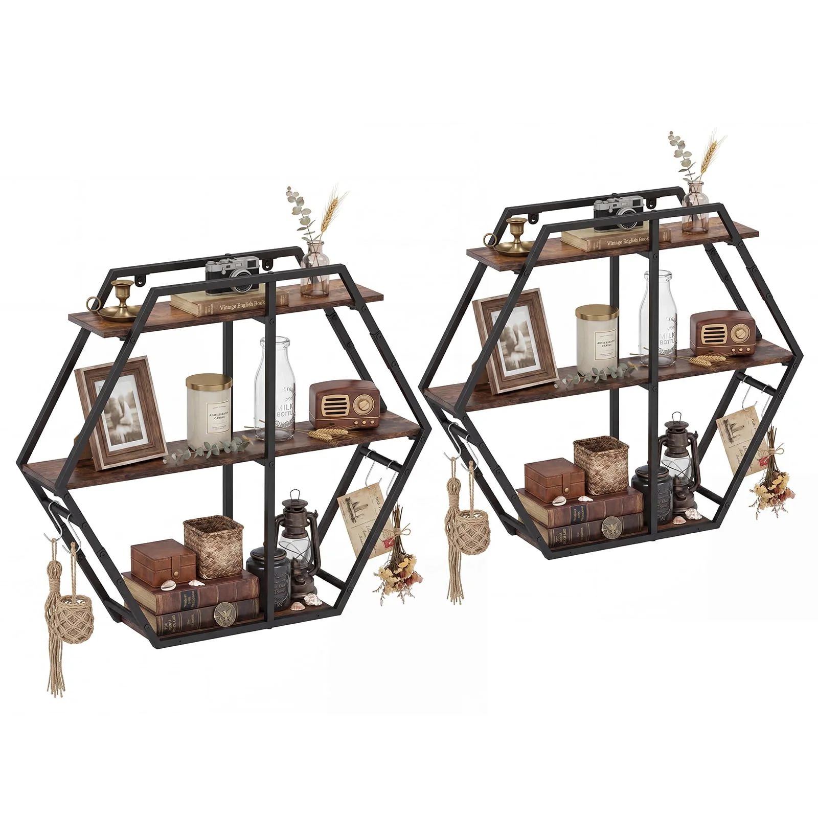Tangkula Hexagon Wall Shelf with 4 S-Shaped Hooks & Heavy Duty Metal Frame