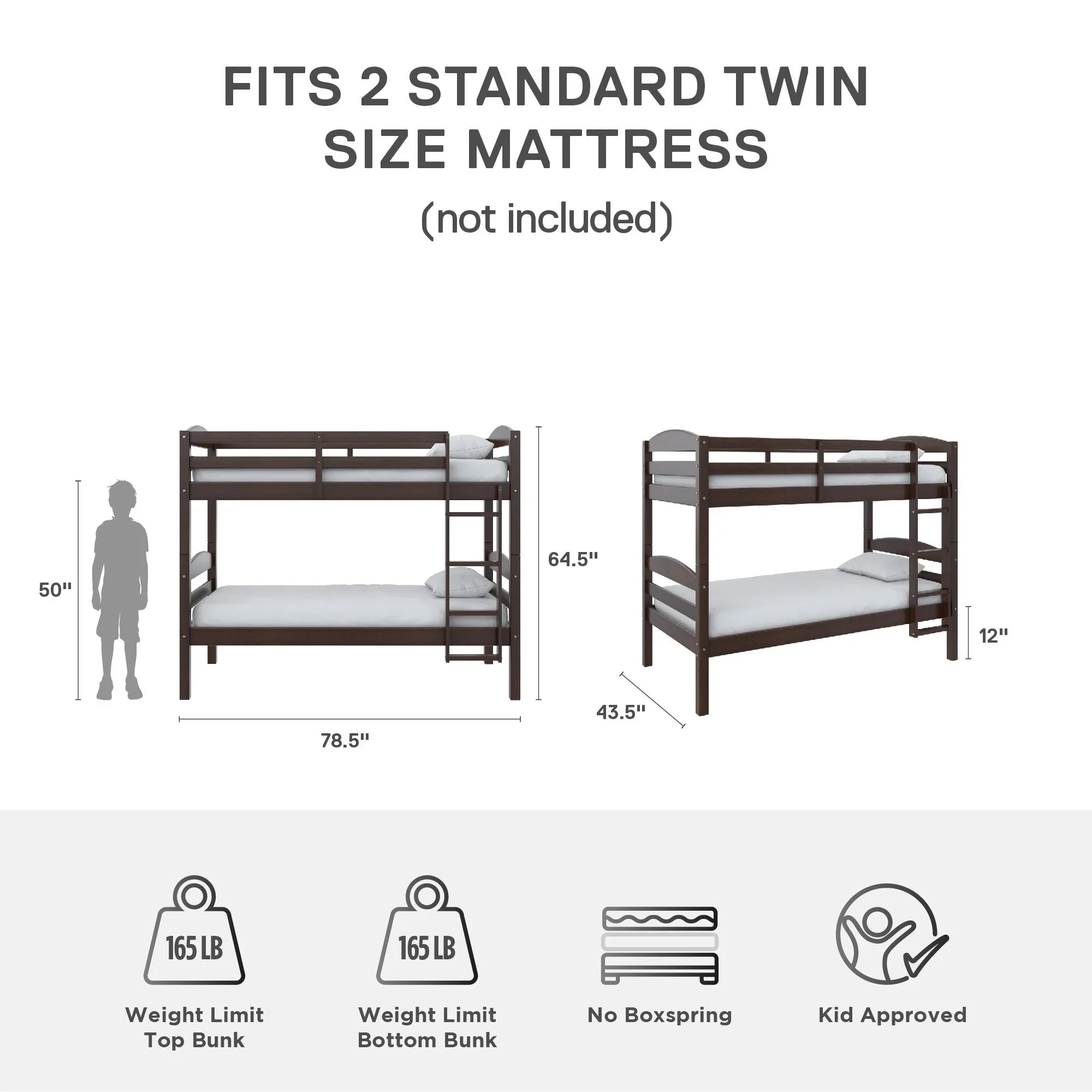 Better Homes & Gardens Leighton Solid Wood Twin-over-Twin Convertible Bunk Bed, Vanilla