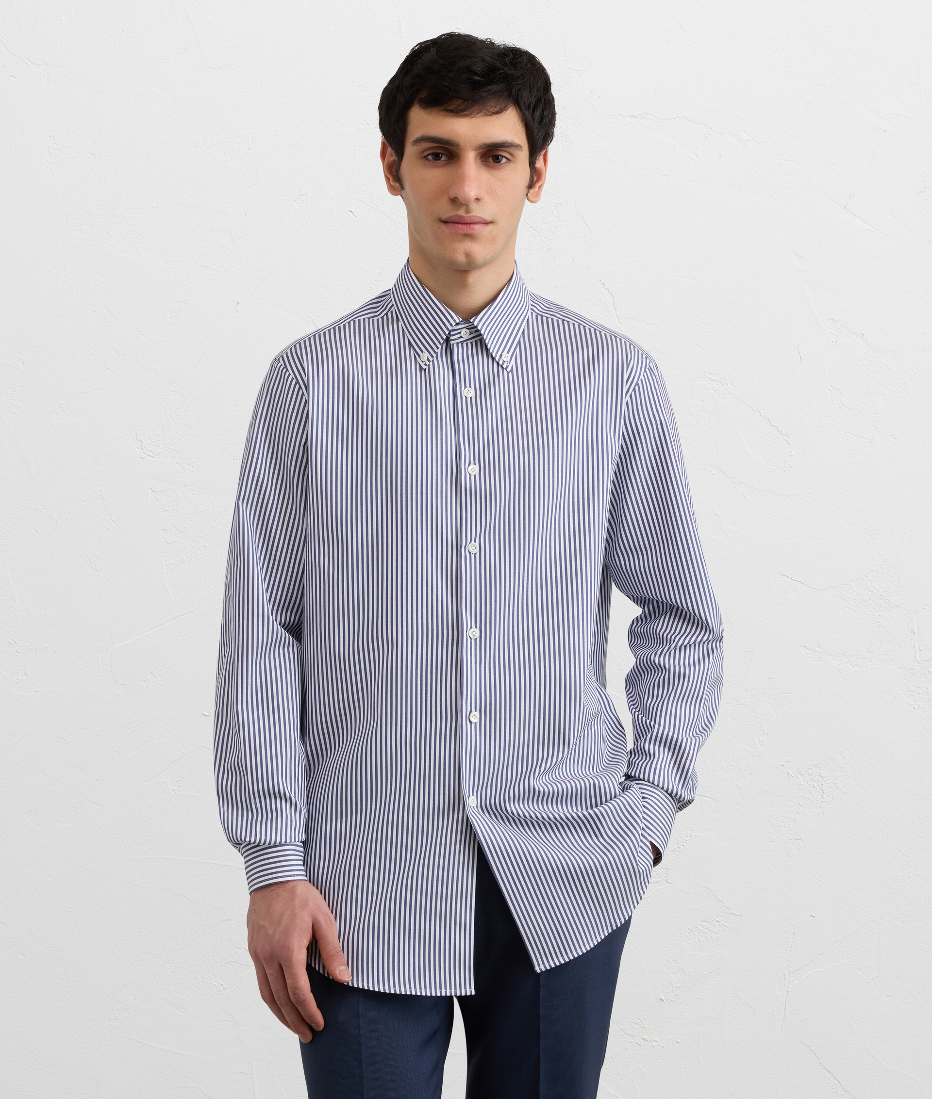 NAVY BLUE STRIPED COTTON BUTTON DOWN SHIRT WITH COCOON COLLAR