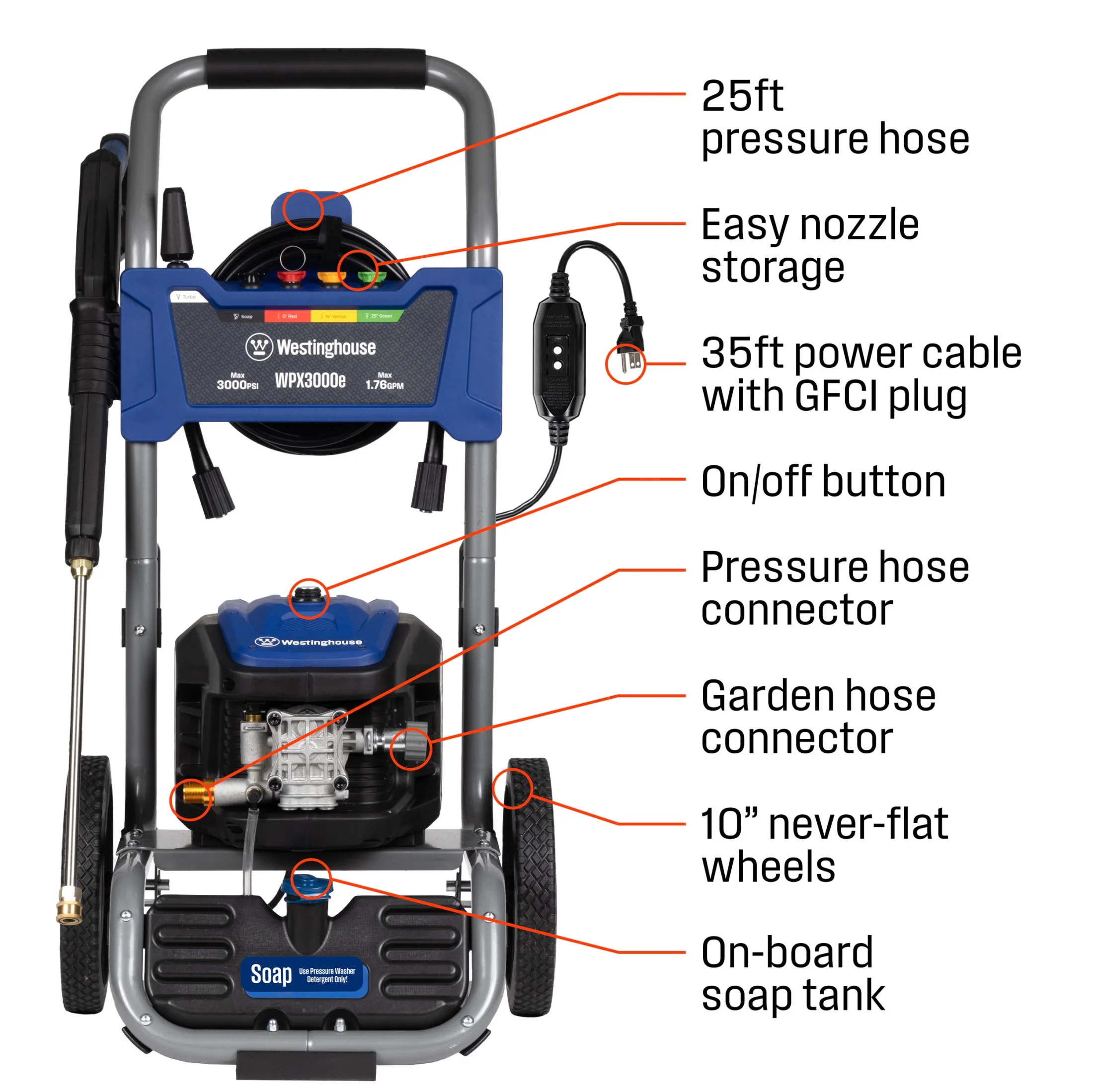 Westinghouse 3000 PSI at 1.76 120 V Electric Cold Pressure Washer, Lightweight