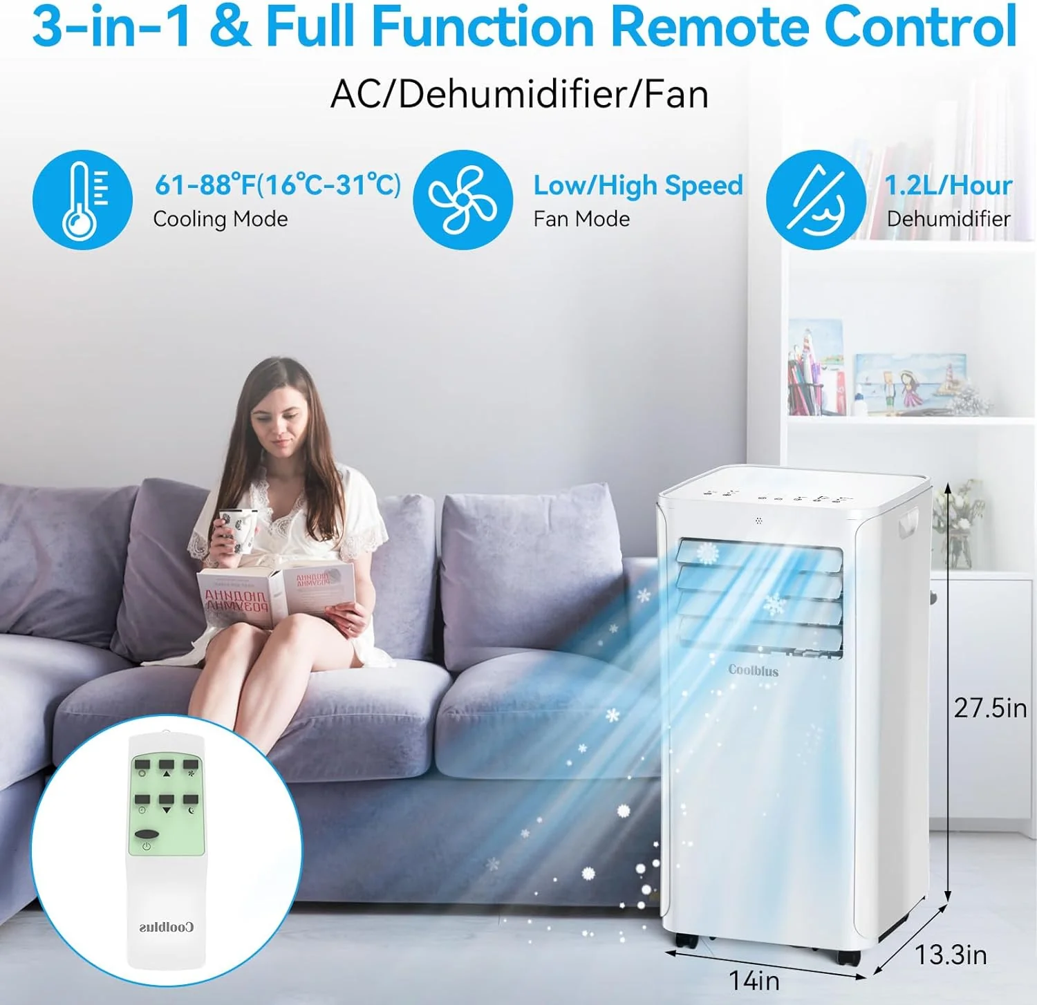 Portable Air Conditioner,8500 BTU portable ac up to 360 Sq,3 IN 1 with Remote Control,White