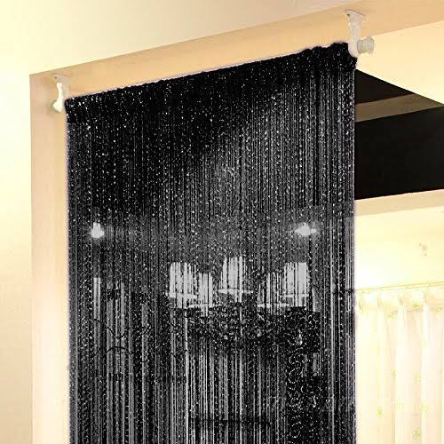 Topixdeals Rare Flat Silver Ribbon Door String Curtain Thread Fringe Window Panel Room Divider Cute Strip Tassel Party Events (1 Pack Black)