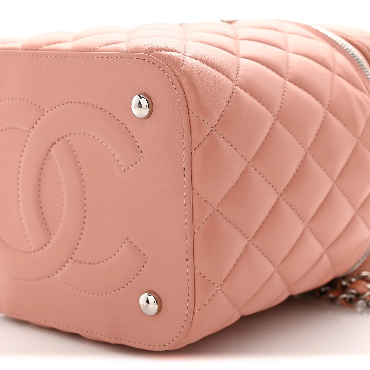 Lambskin Quilted Top Handle Vanity Case With Chain Light Pink
