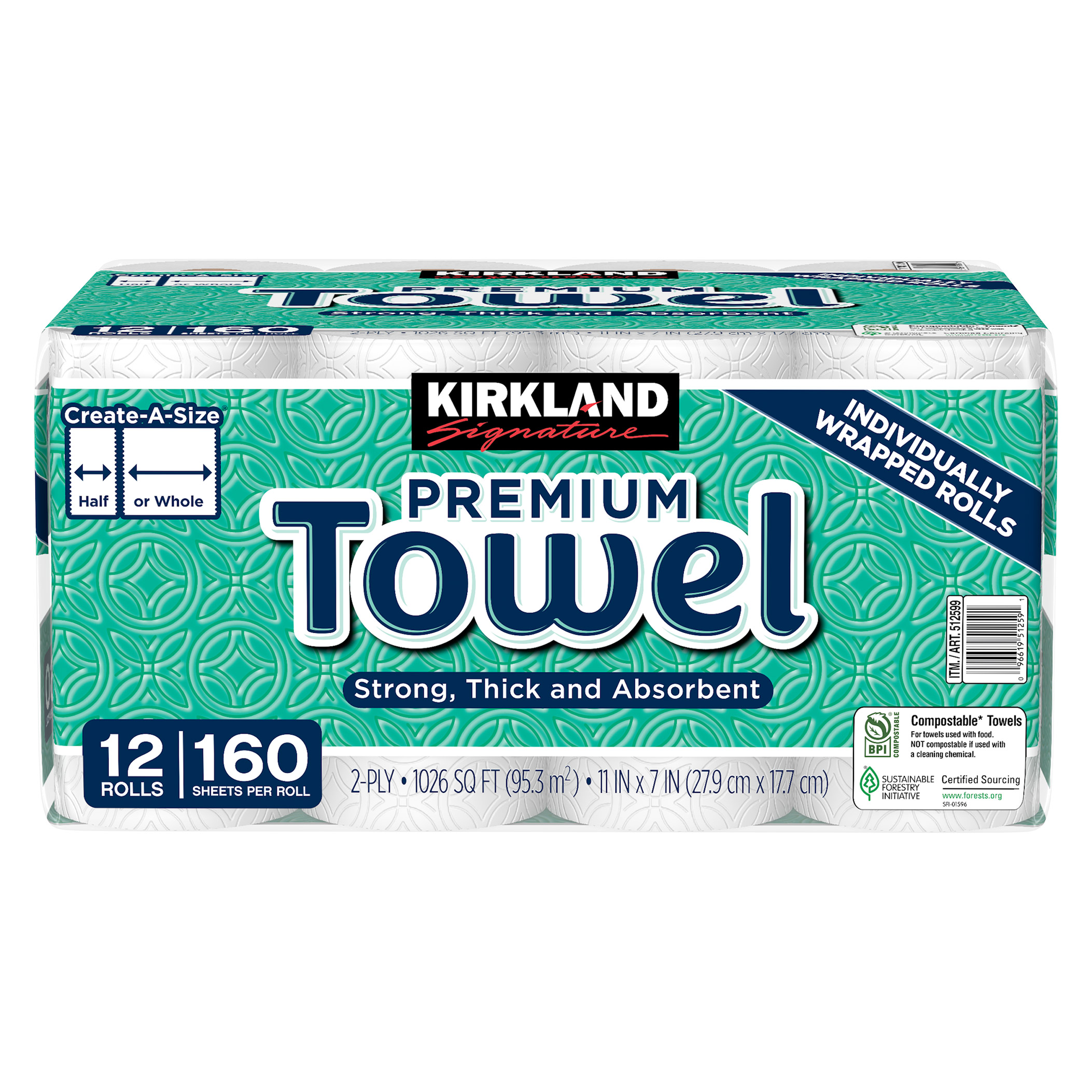 Paper Towels, 2-Ply, 160 Sheets, 12 Individually Wrapped Rolls