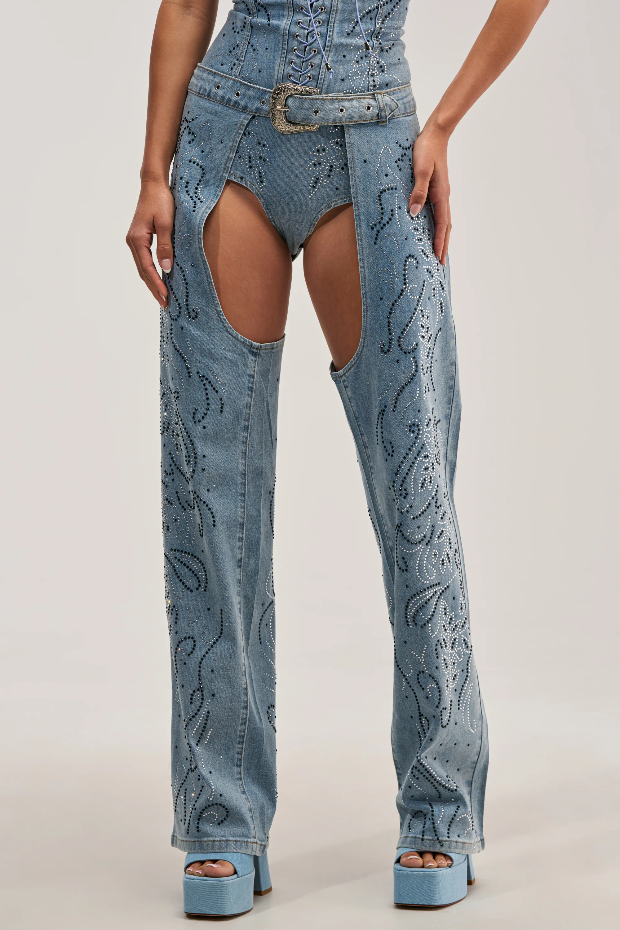 COWGIRL NIGHTS RHINESTONE DENIM CHAPS - Akira Store