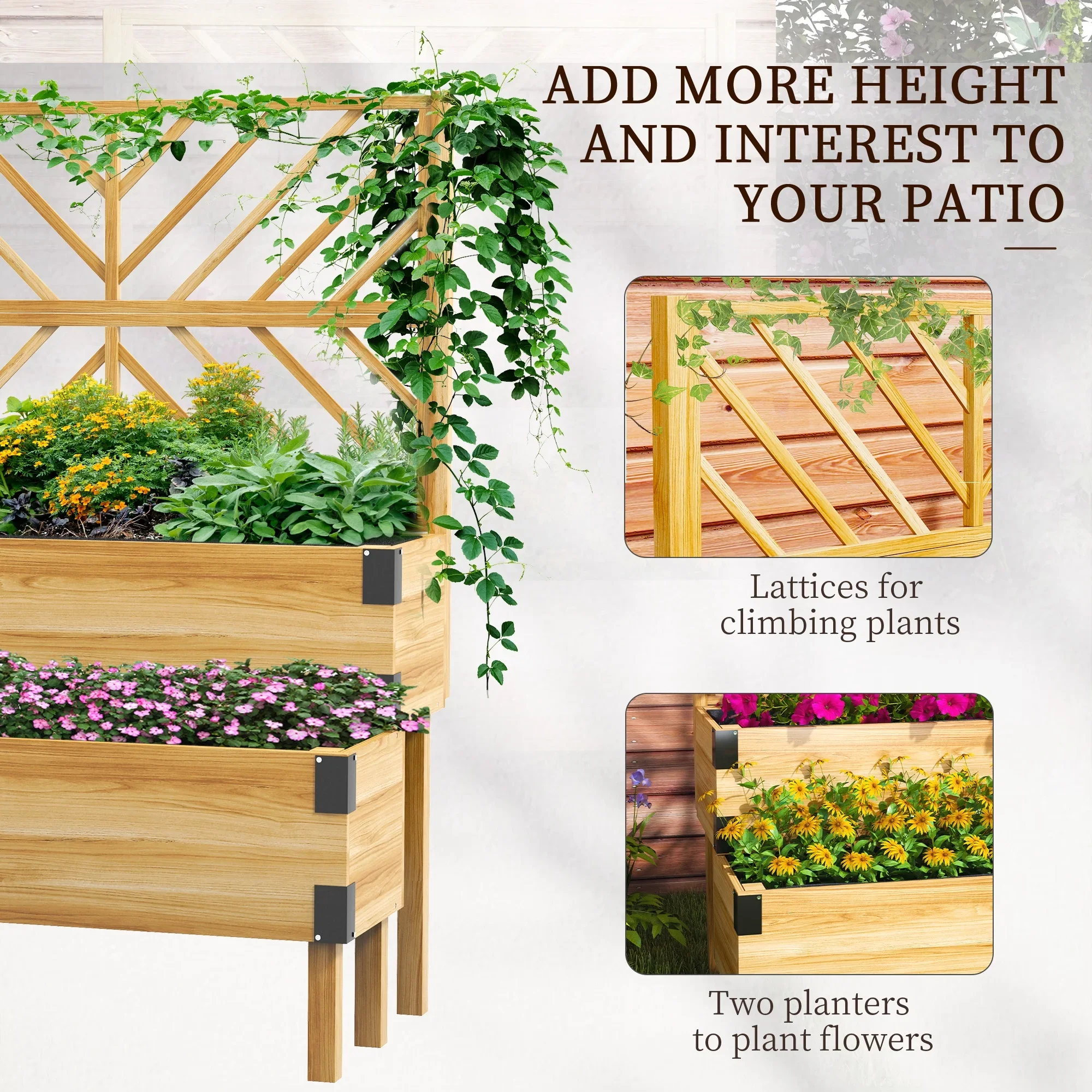 Outsunny 2 Tier Trellis Planter, 47.2�?x 15.7�?x 31.5�? Natural, Wood Garden Planter Box