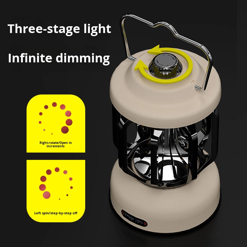New Retro Type-C Fast Charging LED Camping Light Hiking Outdoor Stepless Dimming Home Lantern with Portable Hook
