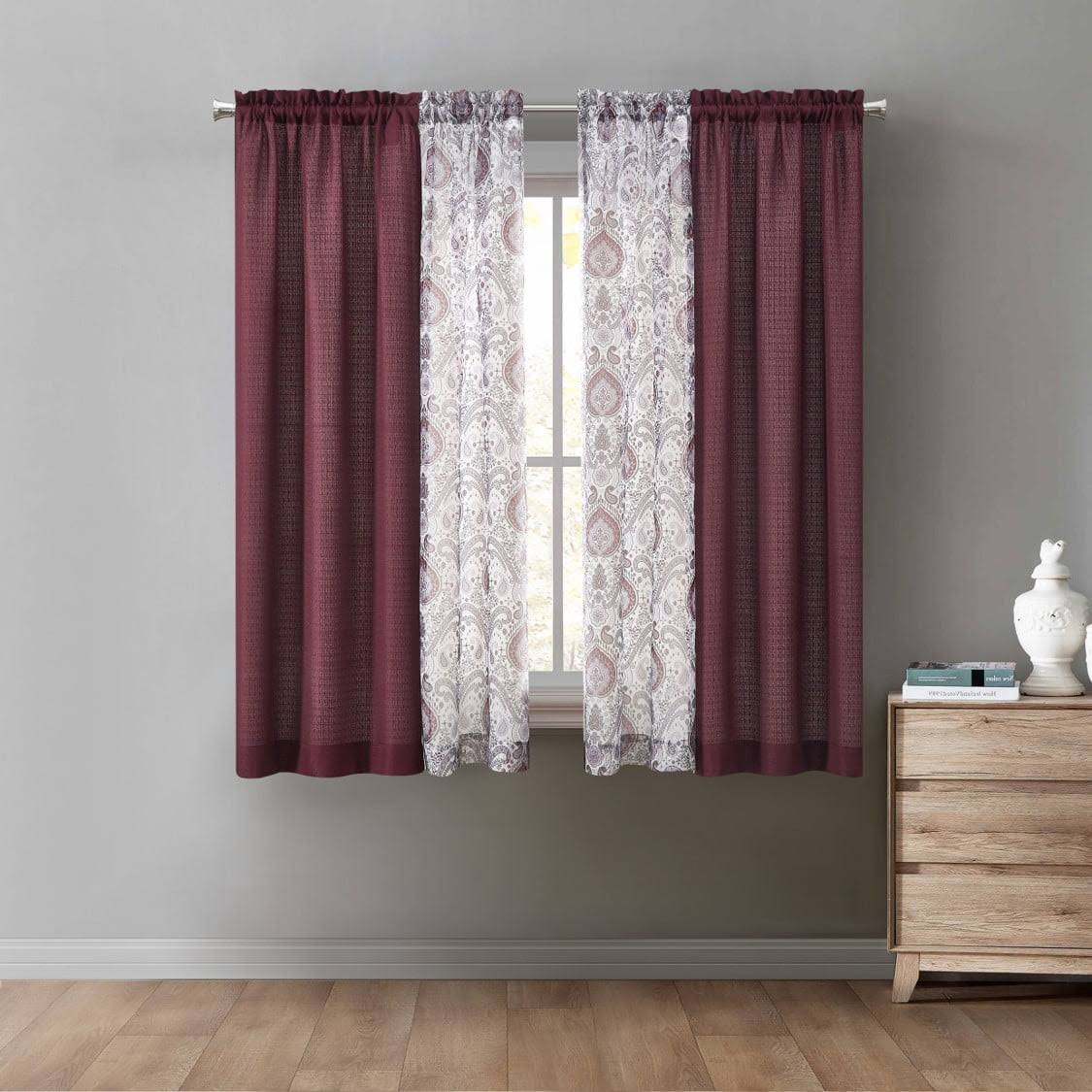 Mainstays 4pc Set, Rod Pocket Curtain Panel, 27.5 inch x 63 inch, Burgundy, Size: 27.5 x 63