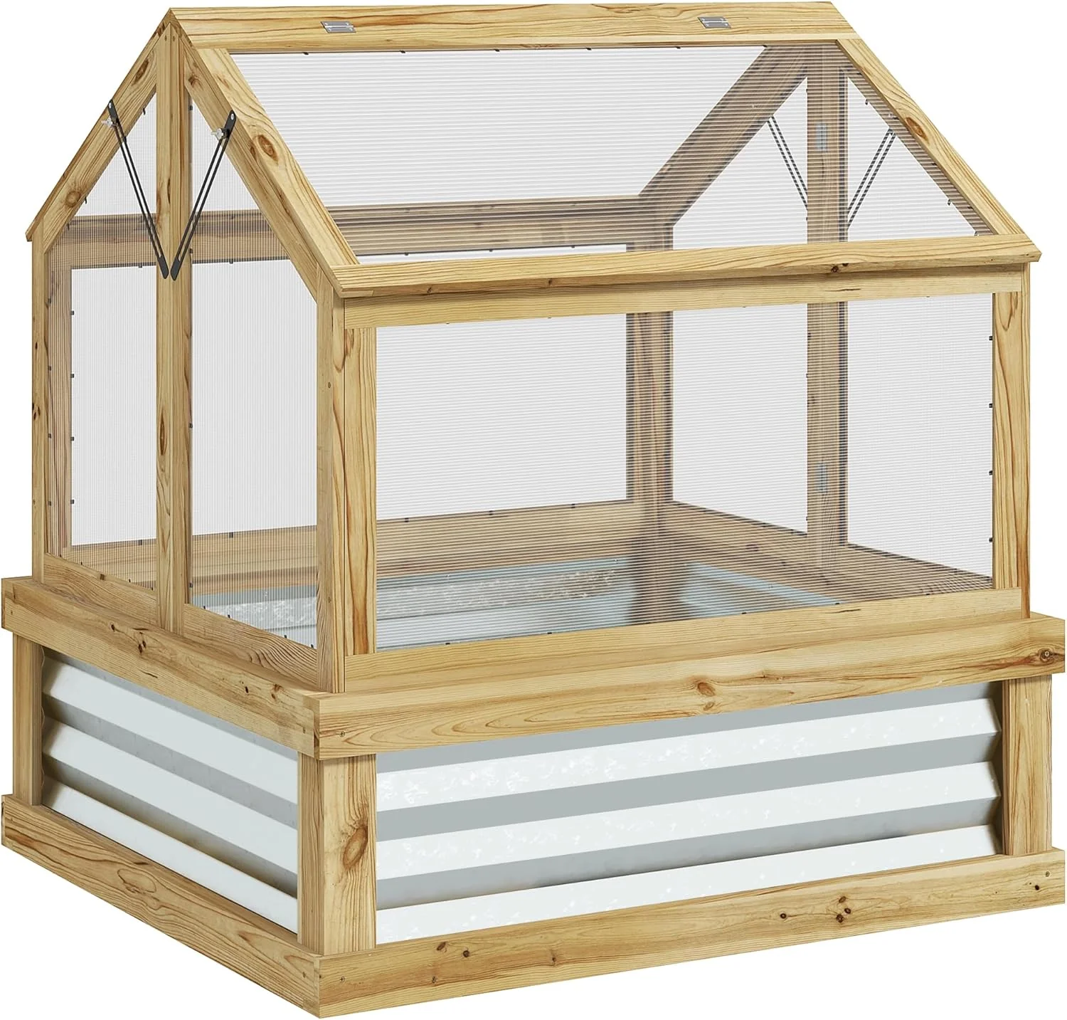 Raised Garden Bed with Polycarbonate Greenhouse, Wooden Cold Frame Greenhouse, Garden Flower Planter Protection, Peak Roof, 35.5