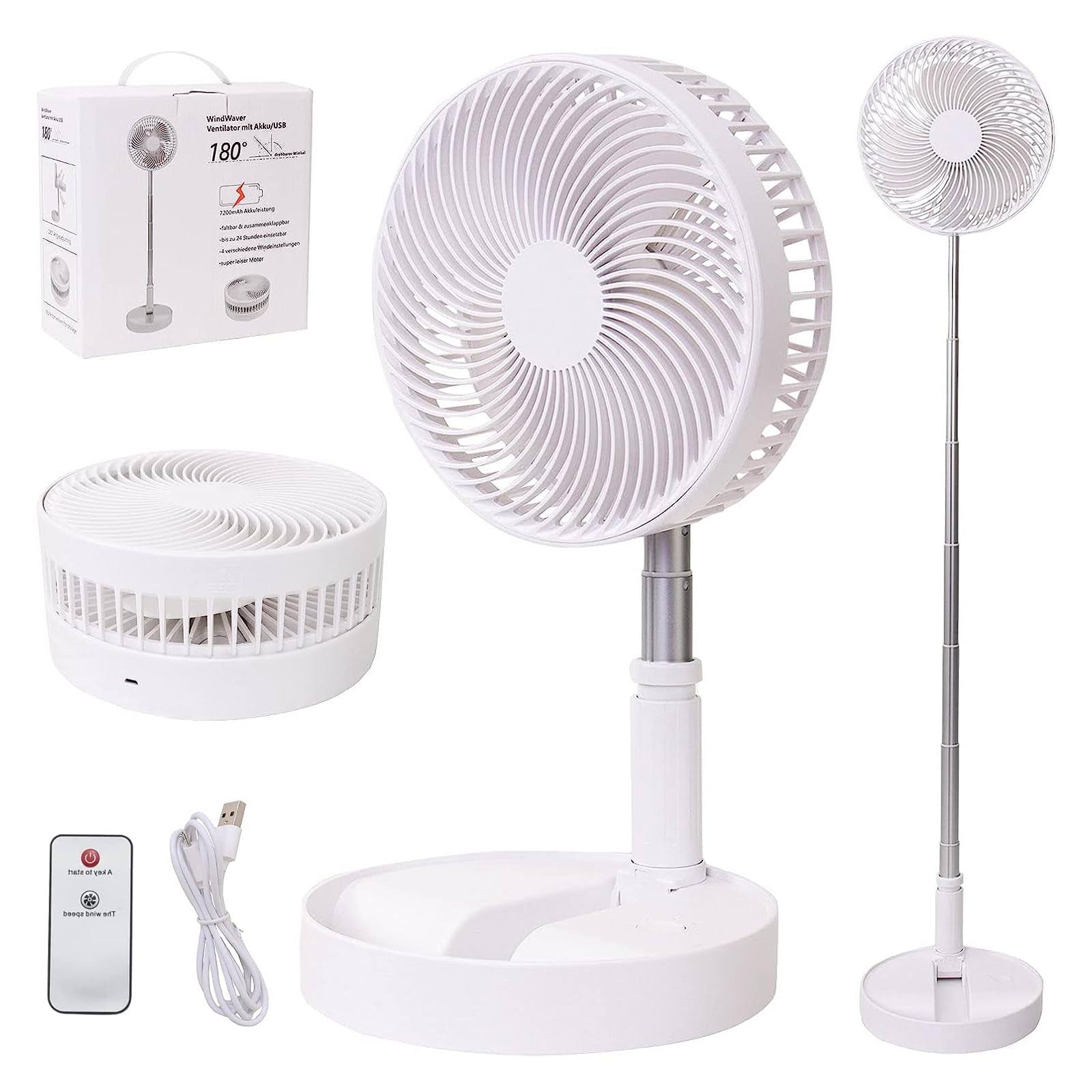 LOREAD Portable Desk Fanfoldable Fan Pedestal Stand Floor Fan Adjustable Height from 142 inch to 39inch 4 Speeds & Time Settings 7200mAh Rechargea