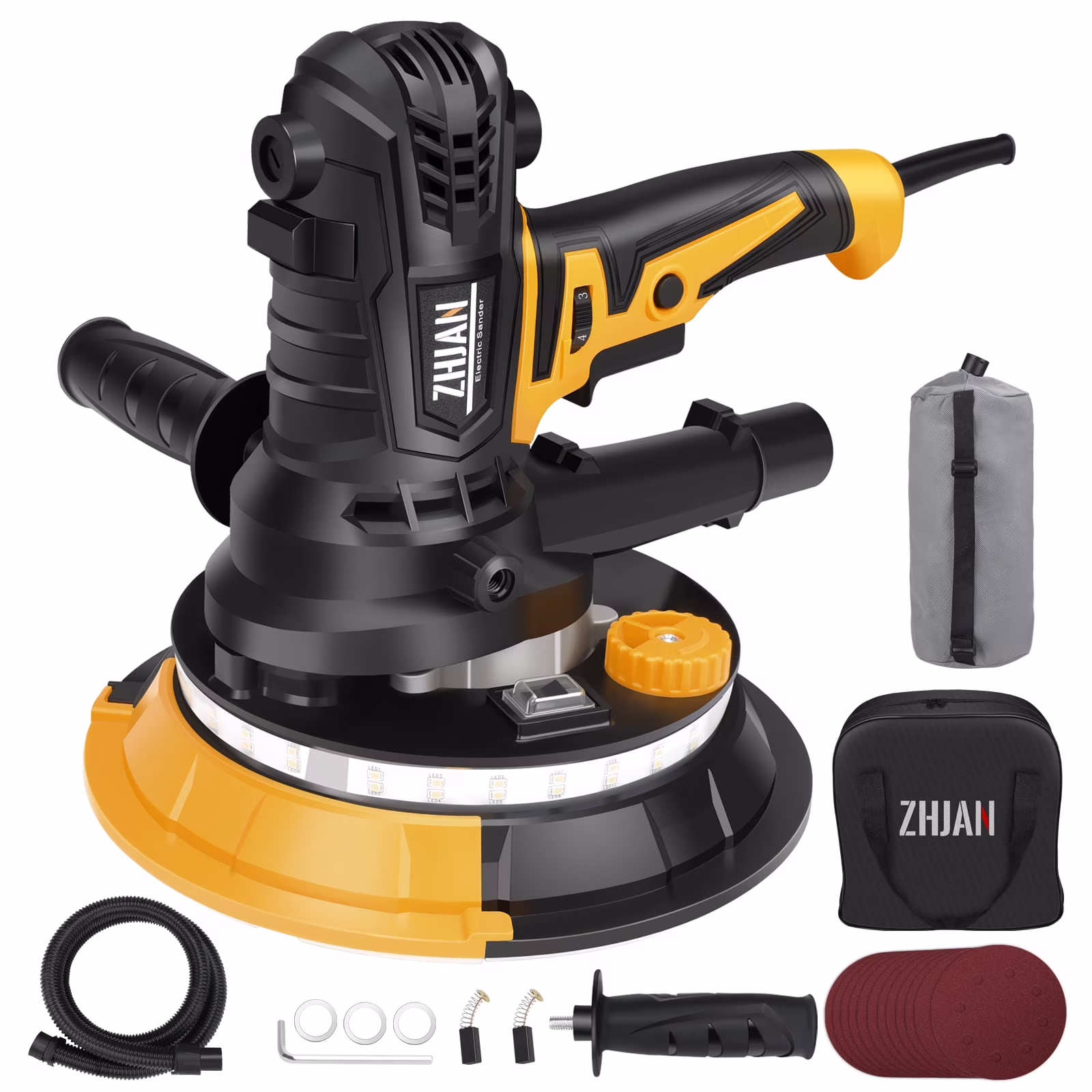 ZHJAN 7 Handheld Electric Drywall Sander 900W with Vacuum & LED - Dual-Grit, 12 Discs, Portable Wall Polisher