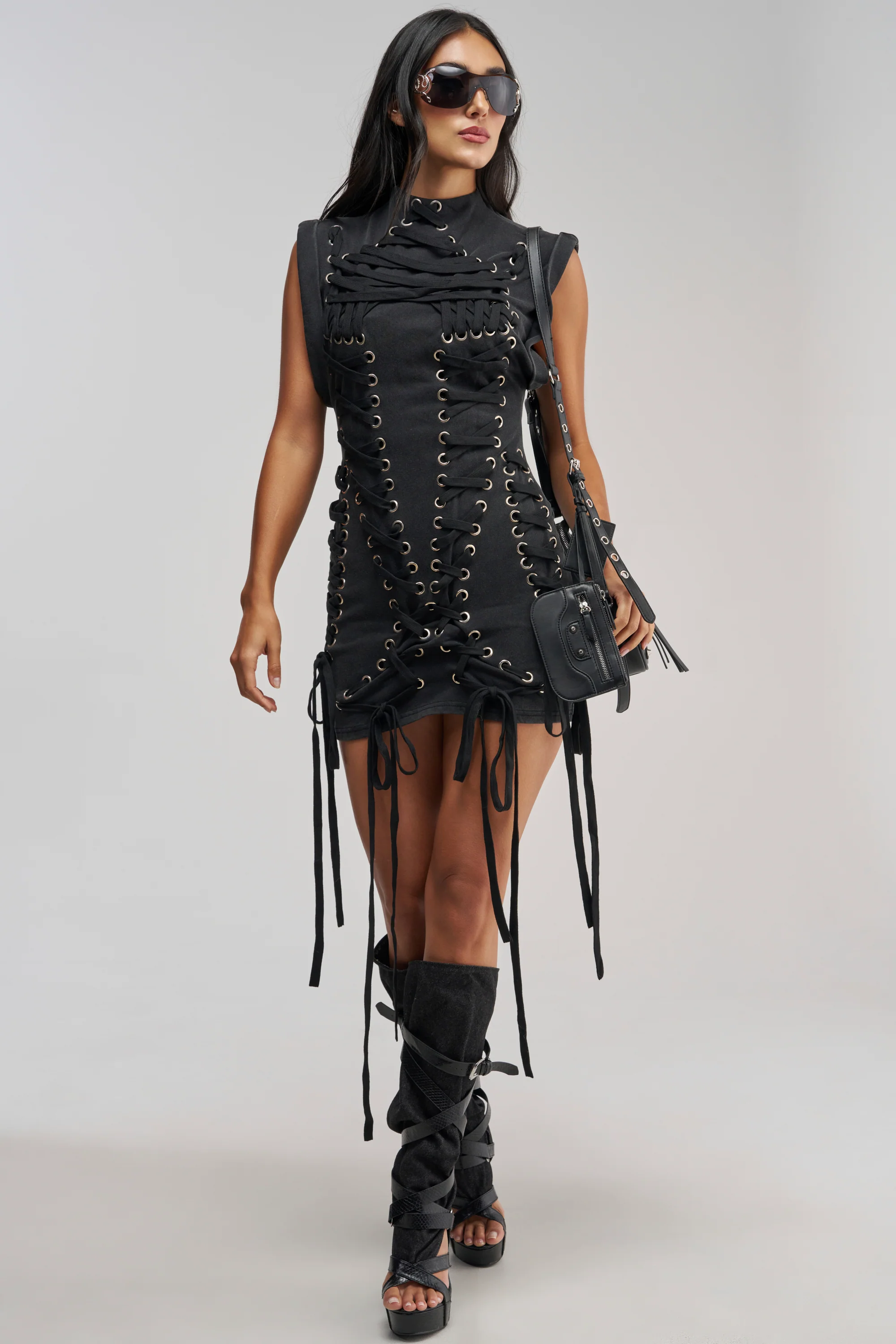 BANKS LACE UP MOCK NECK KNIT MINI DRESS - Akira Store