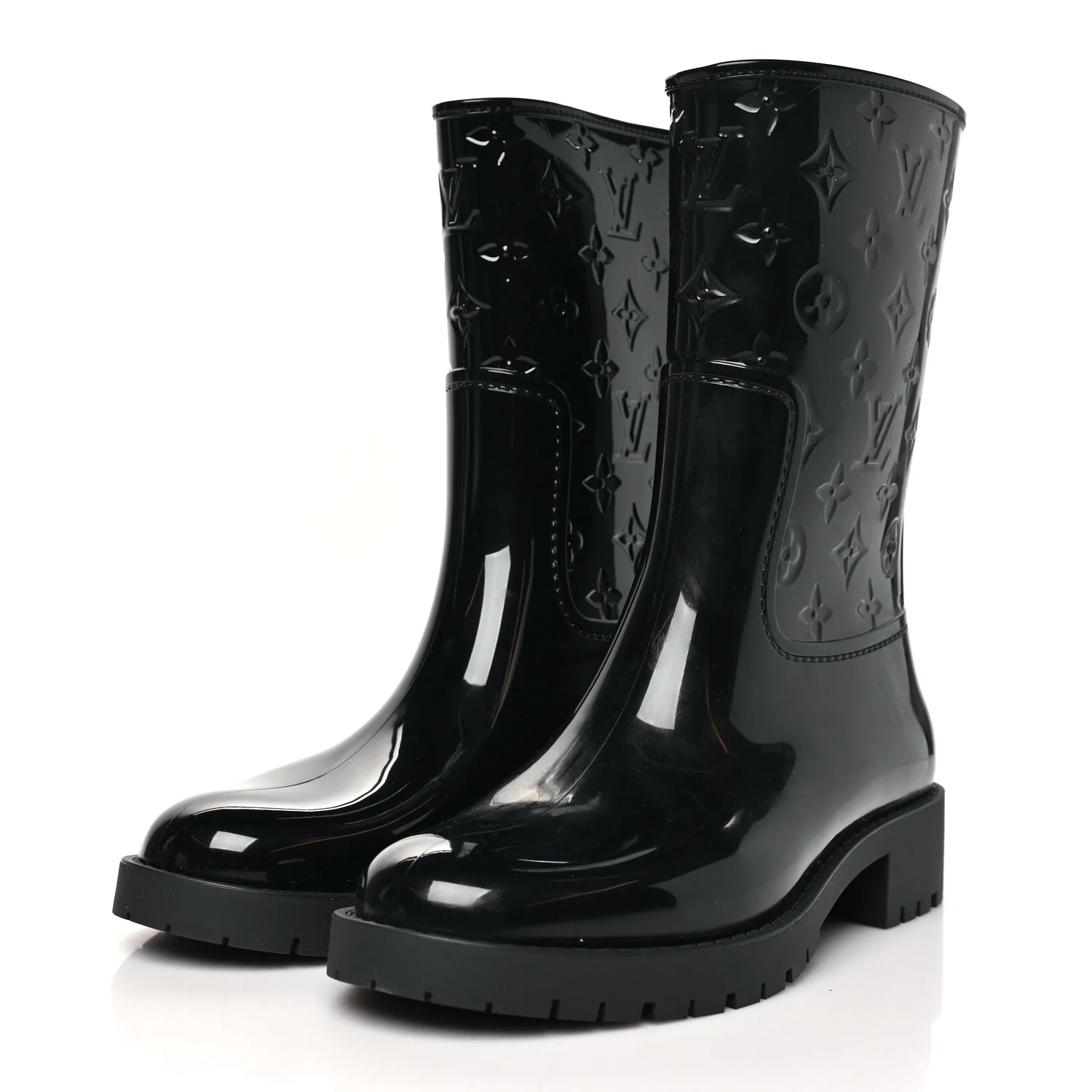 Rubber Embossed Monogram Splash Rain Short Boots 38 Black