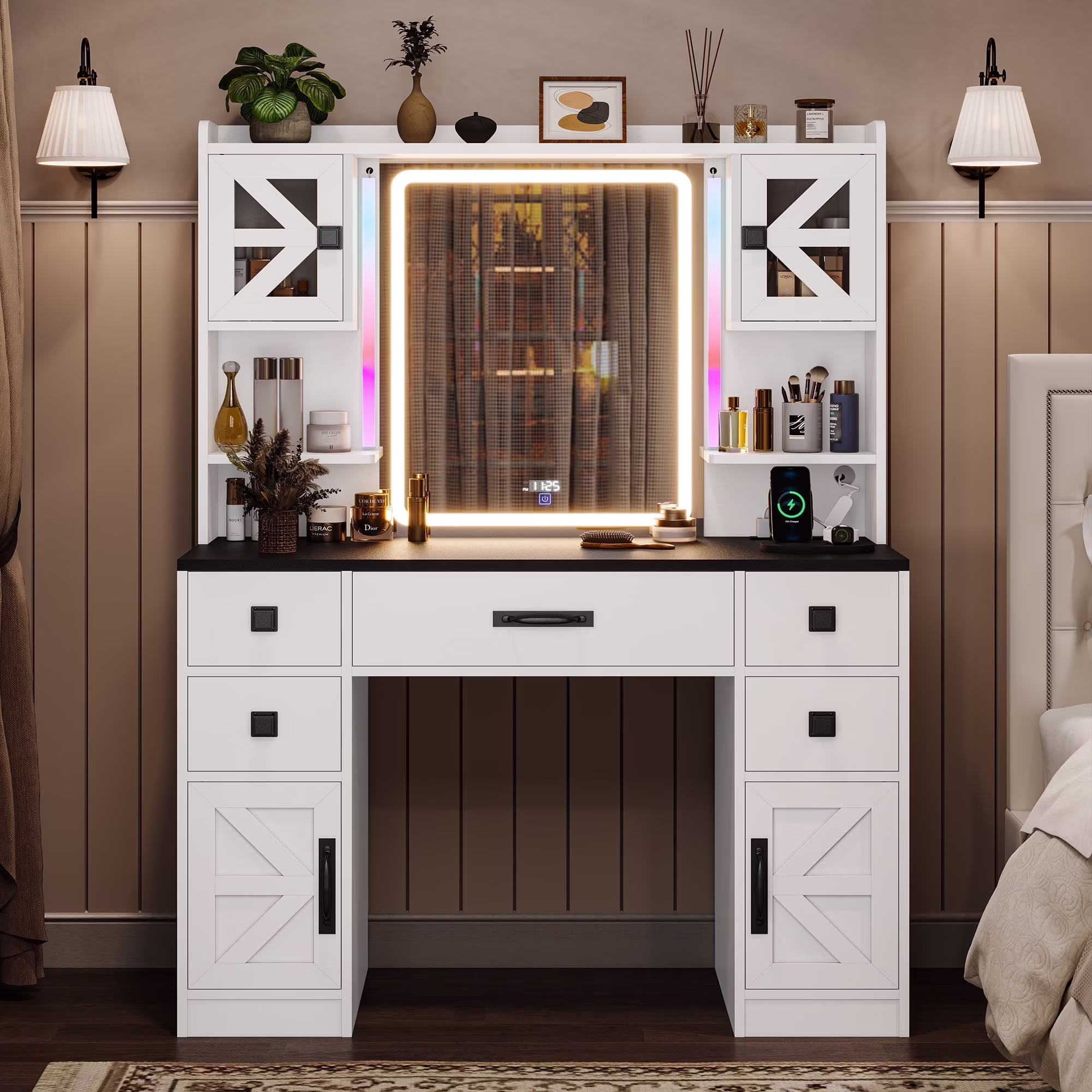 Large Vanity Desk with Lighted Mirror, 5 Drawers Makeup Vanity with Charging Station and Smart Mirror, White(White) - Image 5