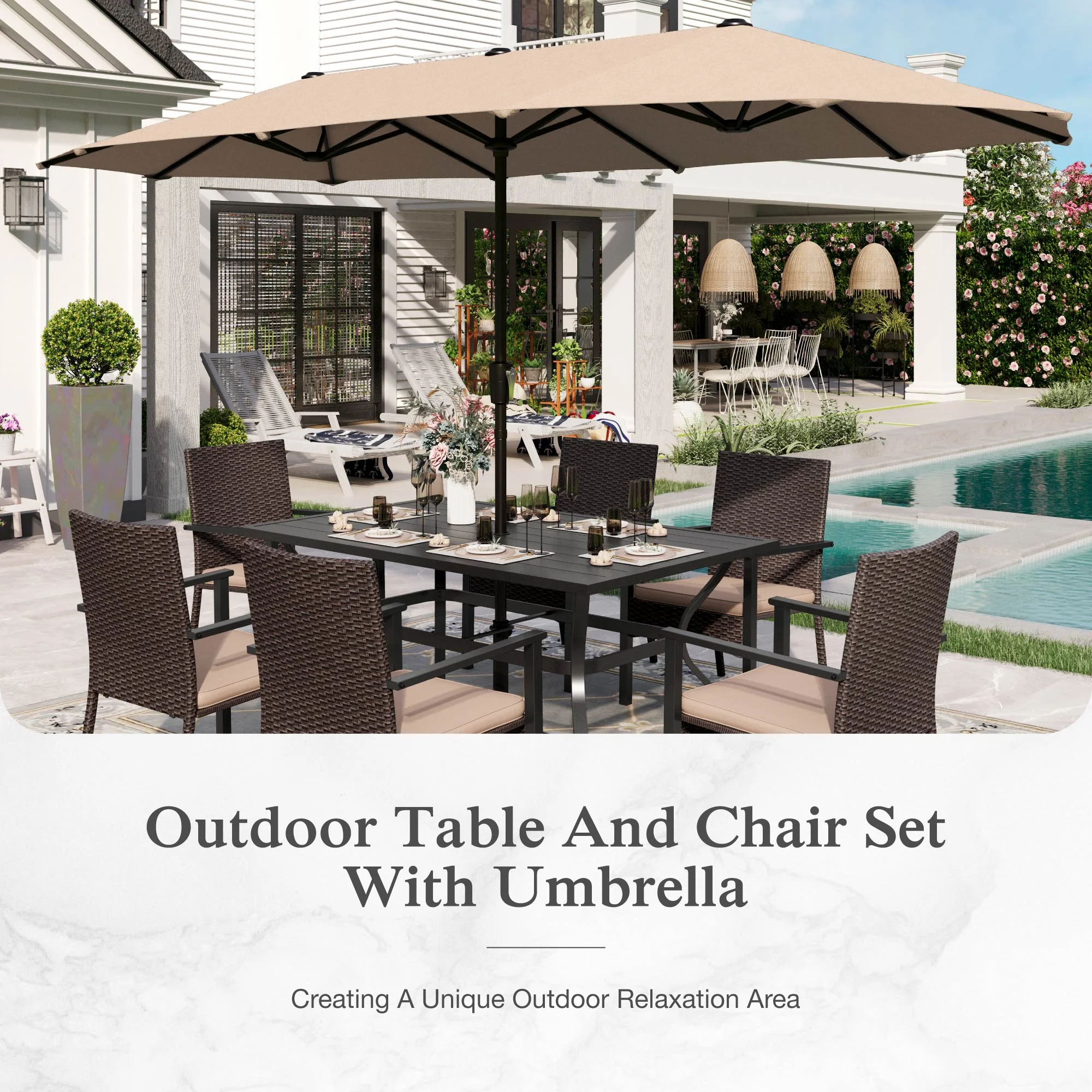 Alpha Joy 8 - Piece Outdoor Patio Dining Set with 13 Ft Umbrella, Rattan Chairs & Rectangle Table Set for 6, Beige Umbrella