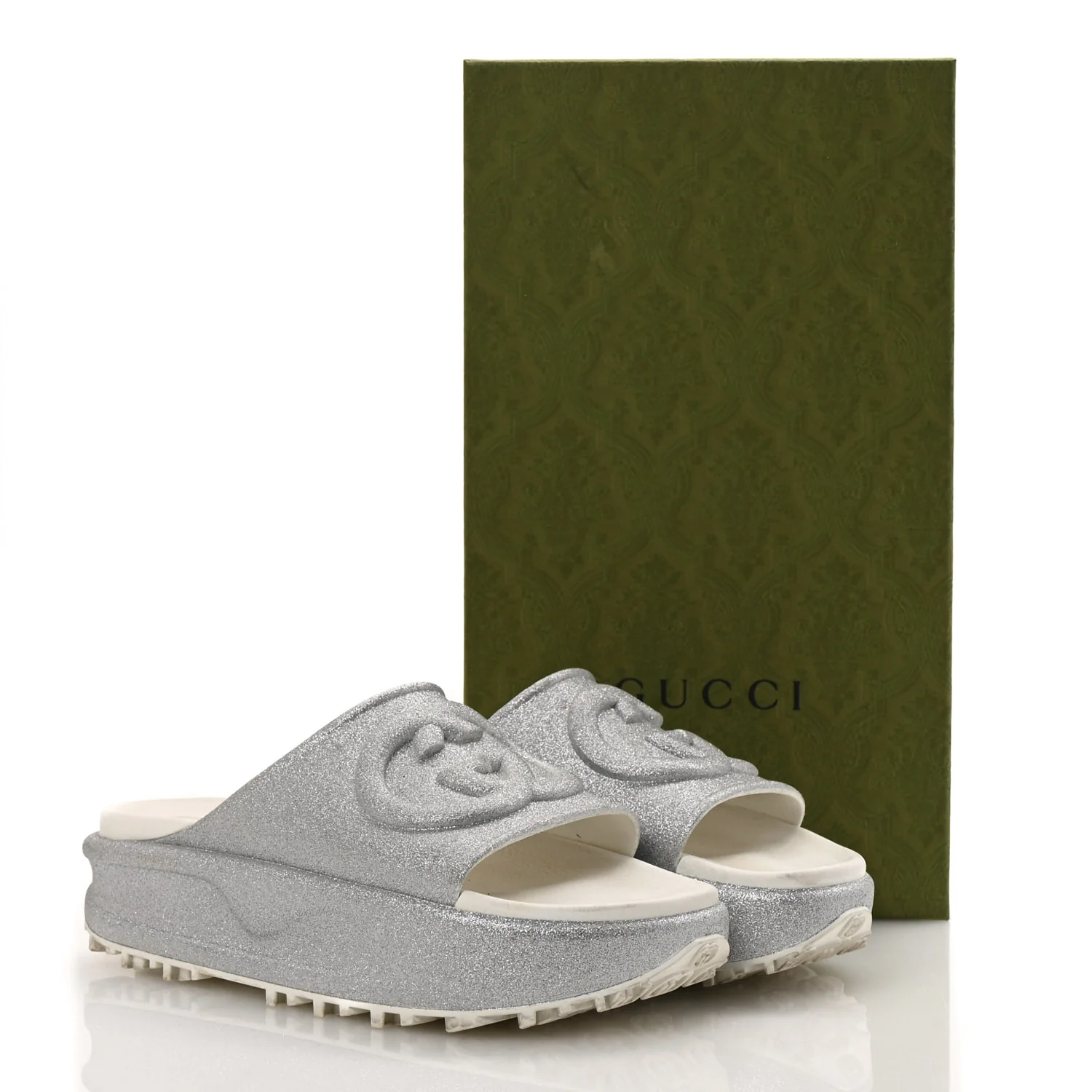 Glitter Rubber Womens Interlocking G Platform 42mm Slide Sandals 40 Silver