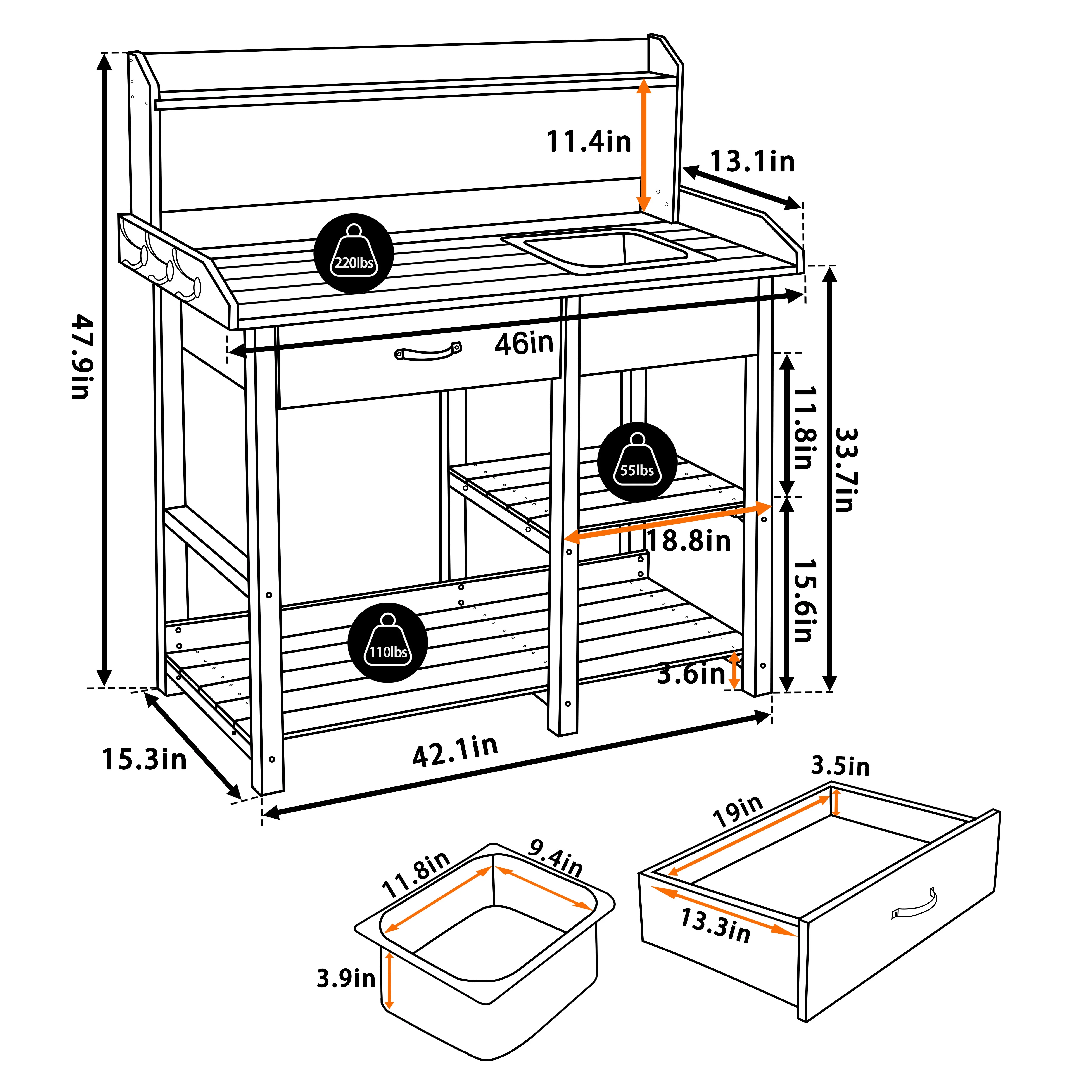 Wood Potting Bench Garden Table w/ Removable Stainless Sink Shelves, Natural(Natural) - Image 5