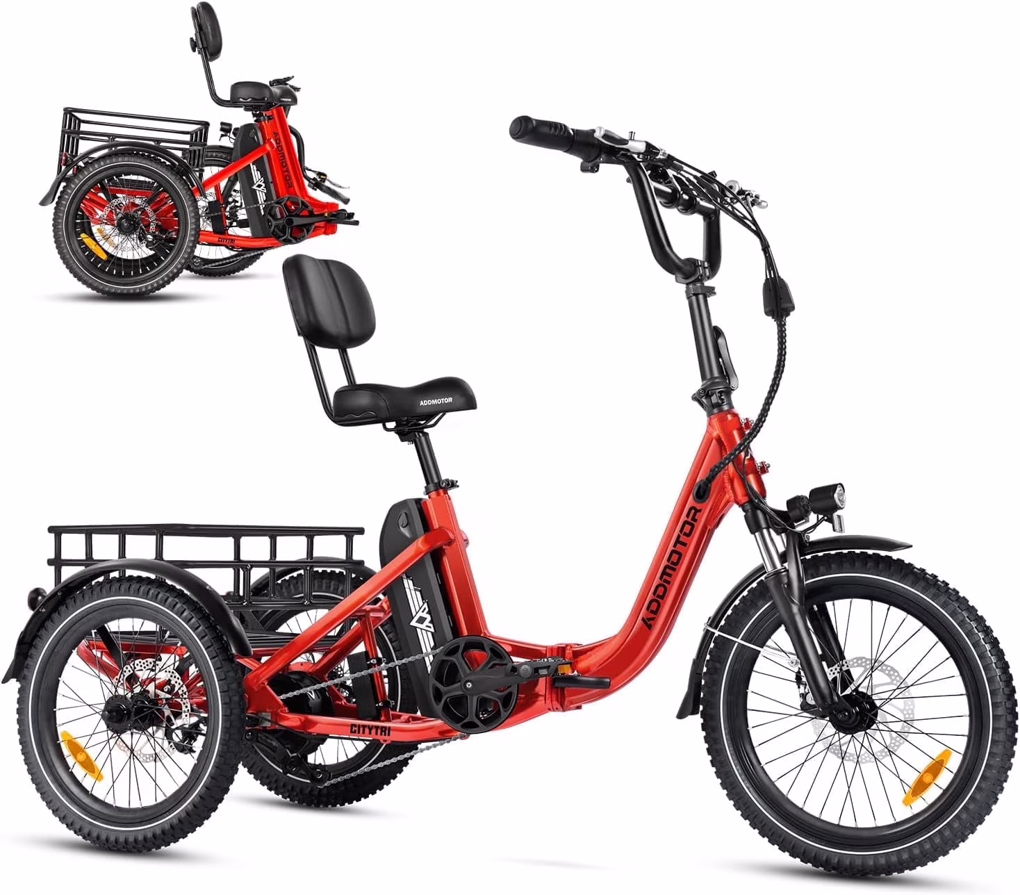 Folding Electric Trike, 90MI Electric Tricycle for Adults, 750W 48V 20Ah, CITYTRI 3 Wheel Electric Bikes, Step-Thru Etrike with Rear Speed Differential Parking Brake, E-310 Plus Red(Red)