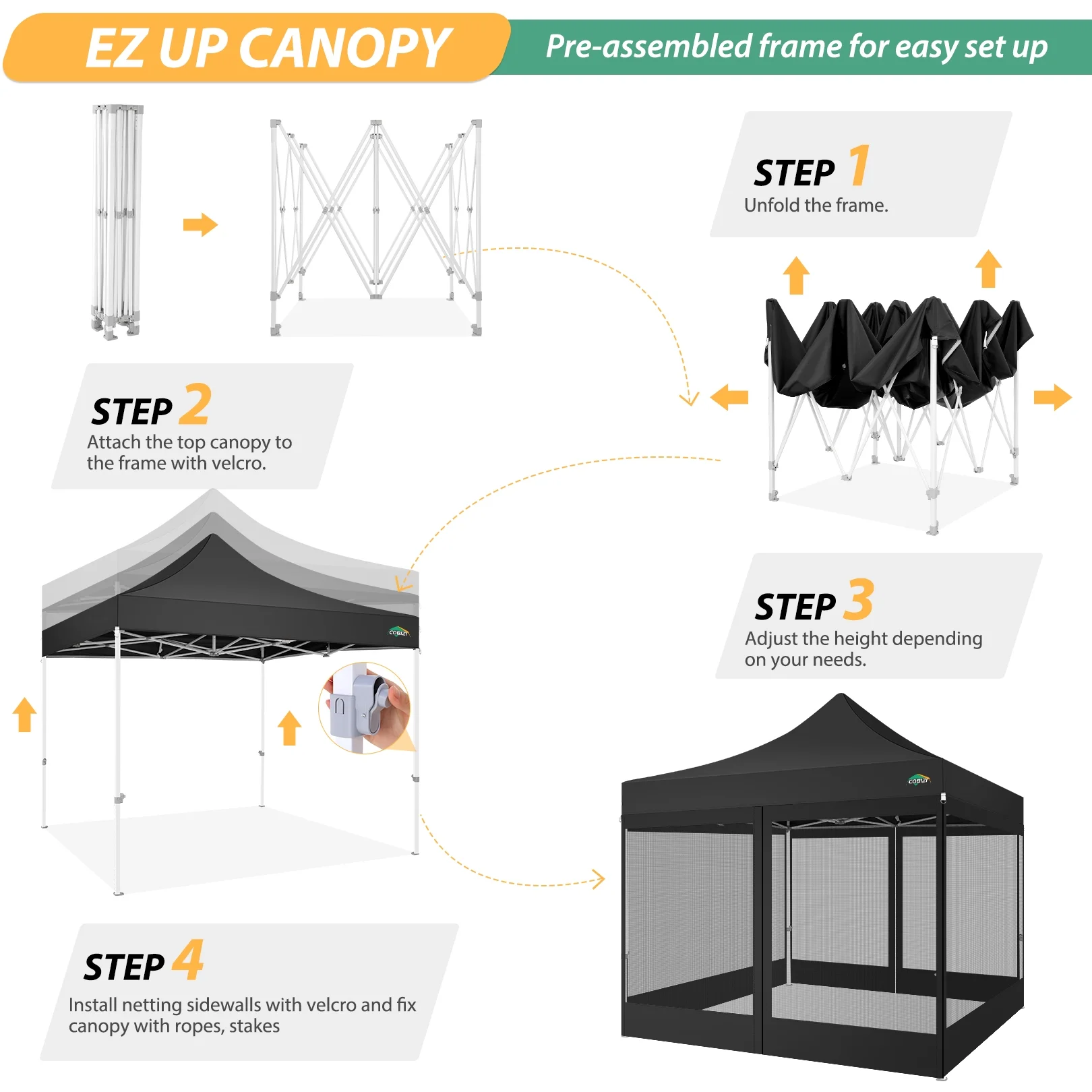 10X10 Heavy Duty Pop up Canopy with Mosquito Net,Instant Outdoor Shelter Large Canopy Tent for Outside,Gazebo with Mesh Sidewalls for Party,Backyard,Camping,Black(10 x 10/Black) - Image 6