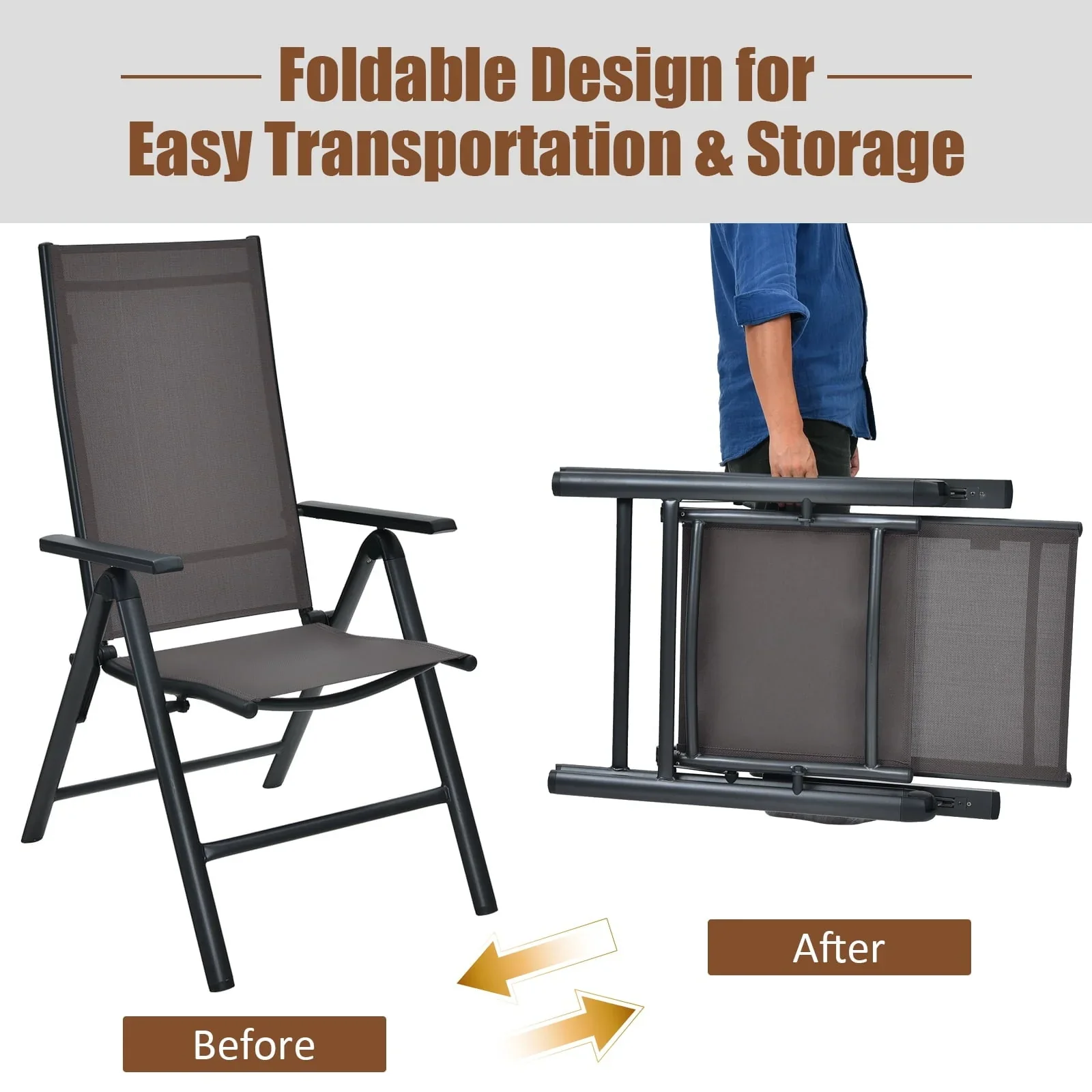Costway 3PCS Bistro Set Folding Adjustable Chairs Square Glass Table Garden