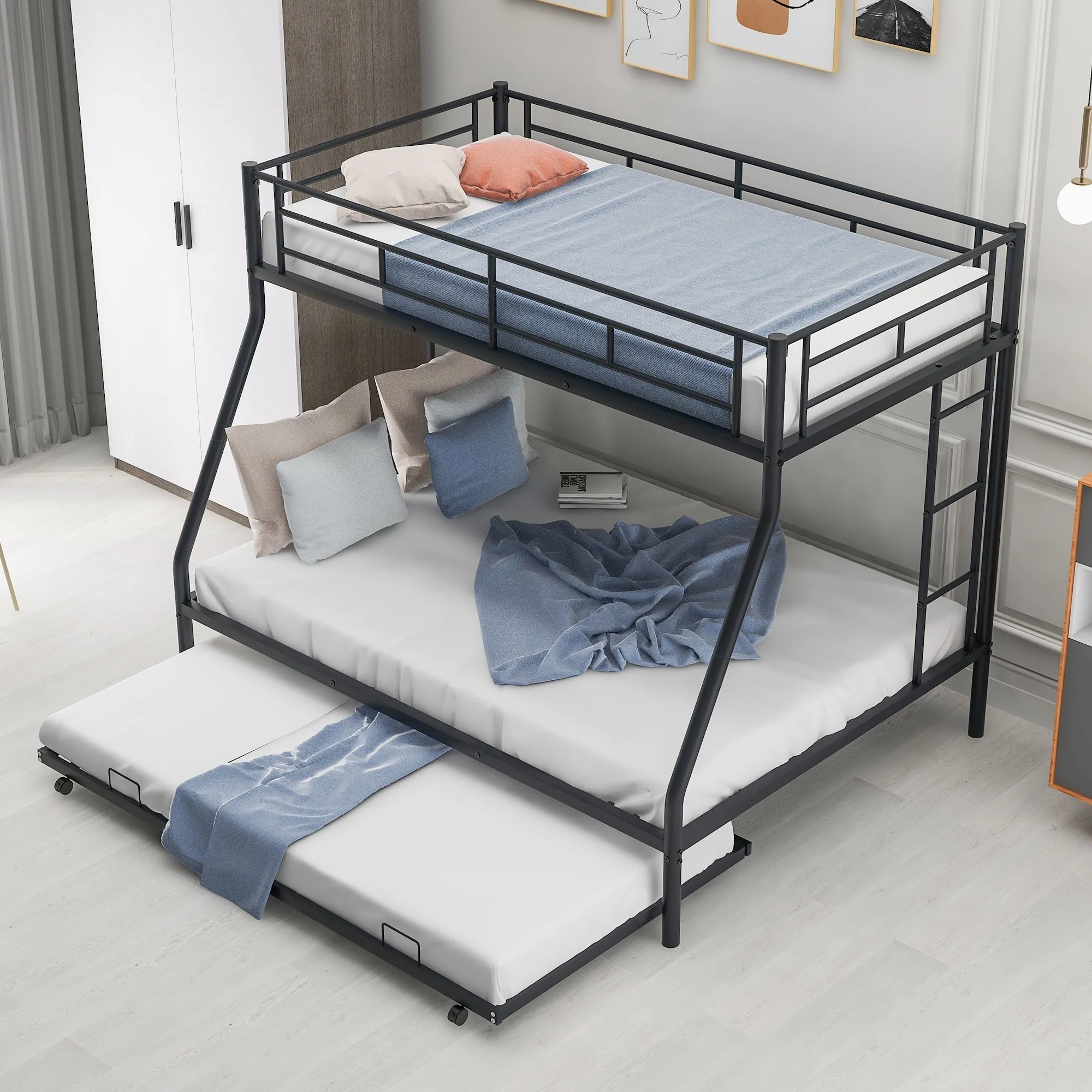 Twin Over Full Bunk Beds with Trundle Bed,Heavy Duty Metal Bed Frame with Sturdy Steel Frame,Triple Bunk Bed with Safety Guard Rails and Two Side Ladders for Boys Girls Adults,Black Image 7