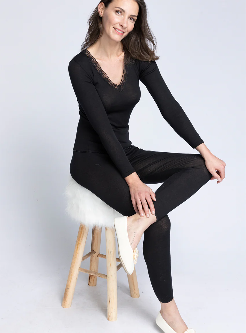 Caleçon long femme laine et soie noir