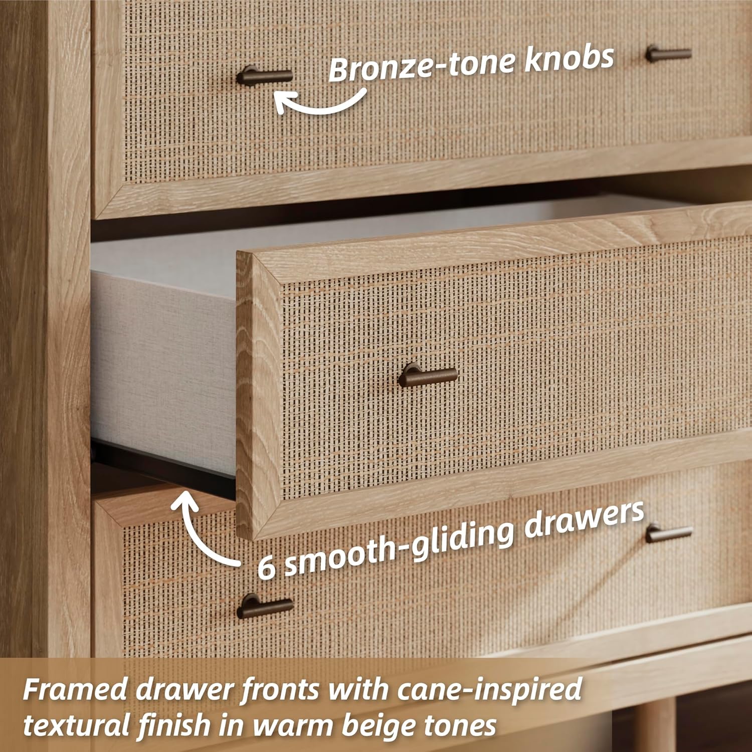 Signature Design by Ashley Cielden Coastal 6-Drawer Dresser, Bronze-Tone Knobs, Safety Stop, Textured Cane Details, 62.01