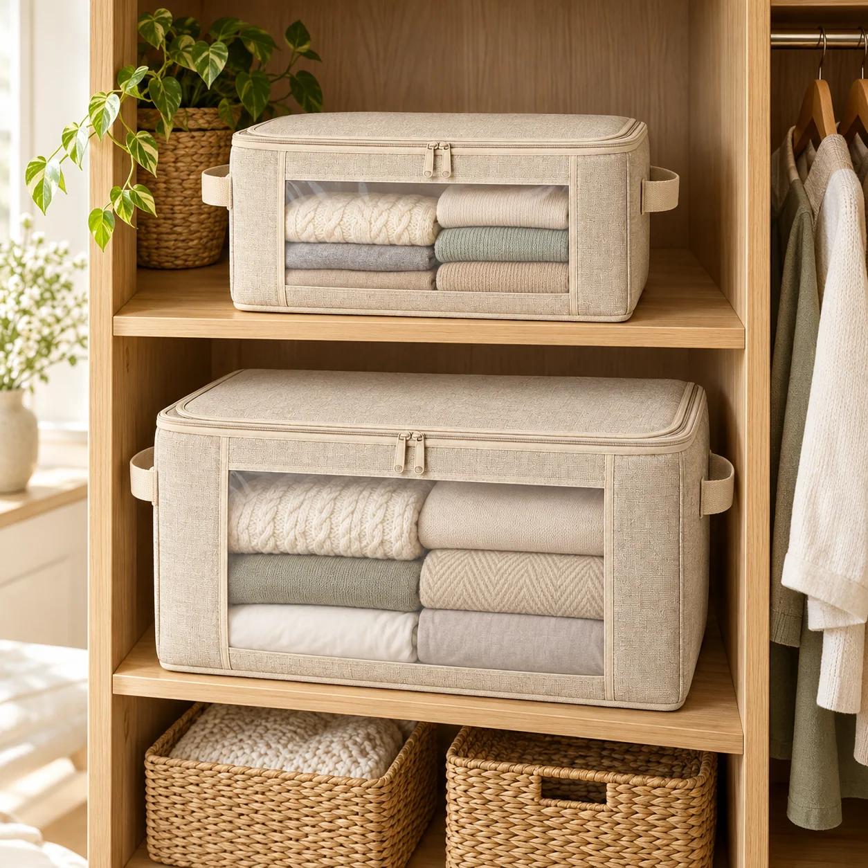 Oatmeal Windowed Storage Bags, Mixed Size 2-Pack